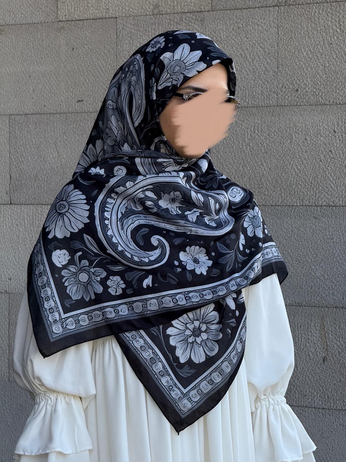 Pamuklu Vintage Desen Eşarp-Siyah/Gri