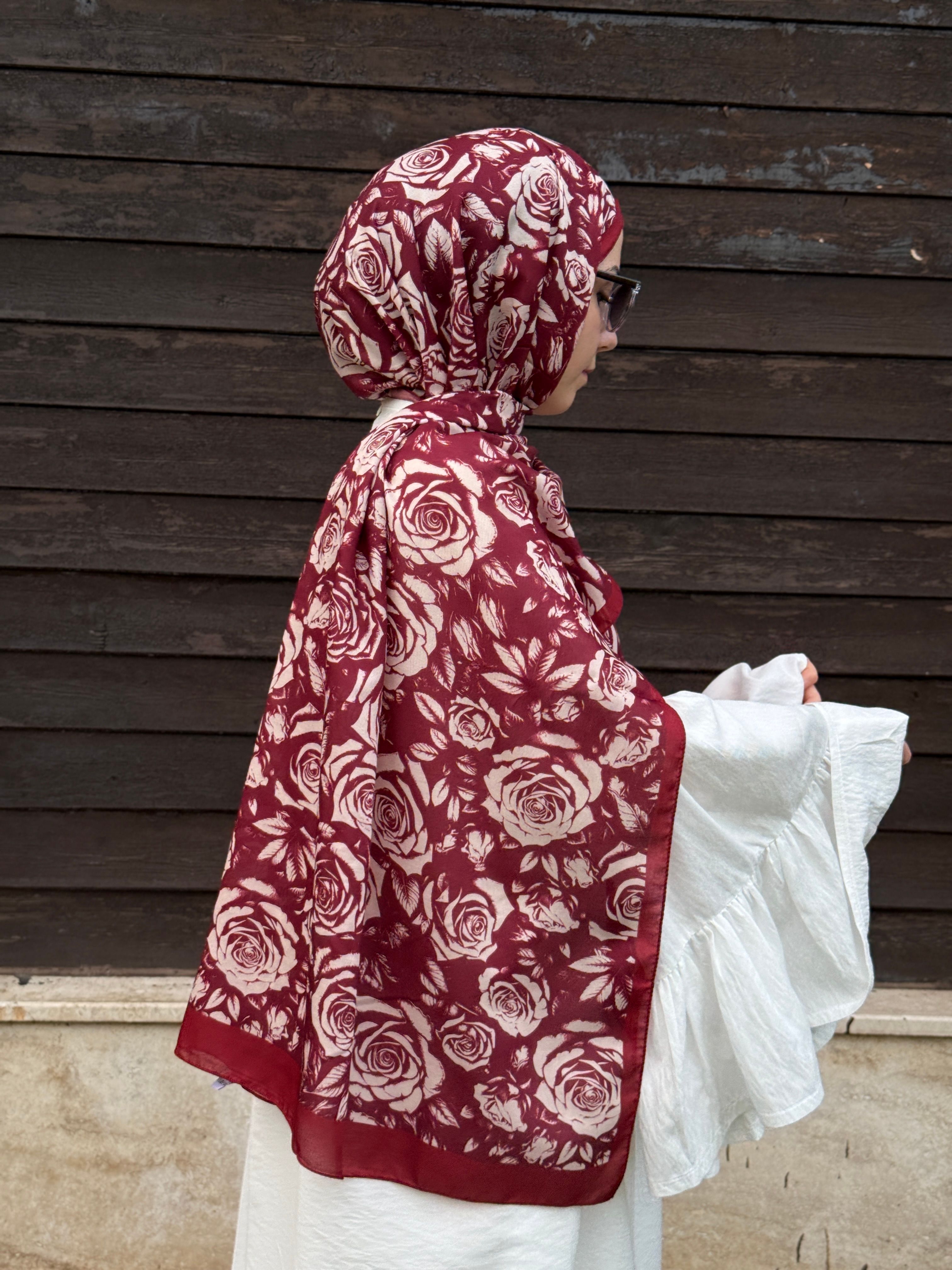 Pamuklu Soft Roza Desen Şal-Bordo