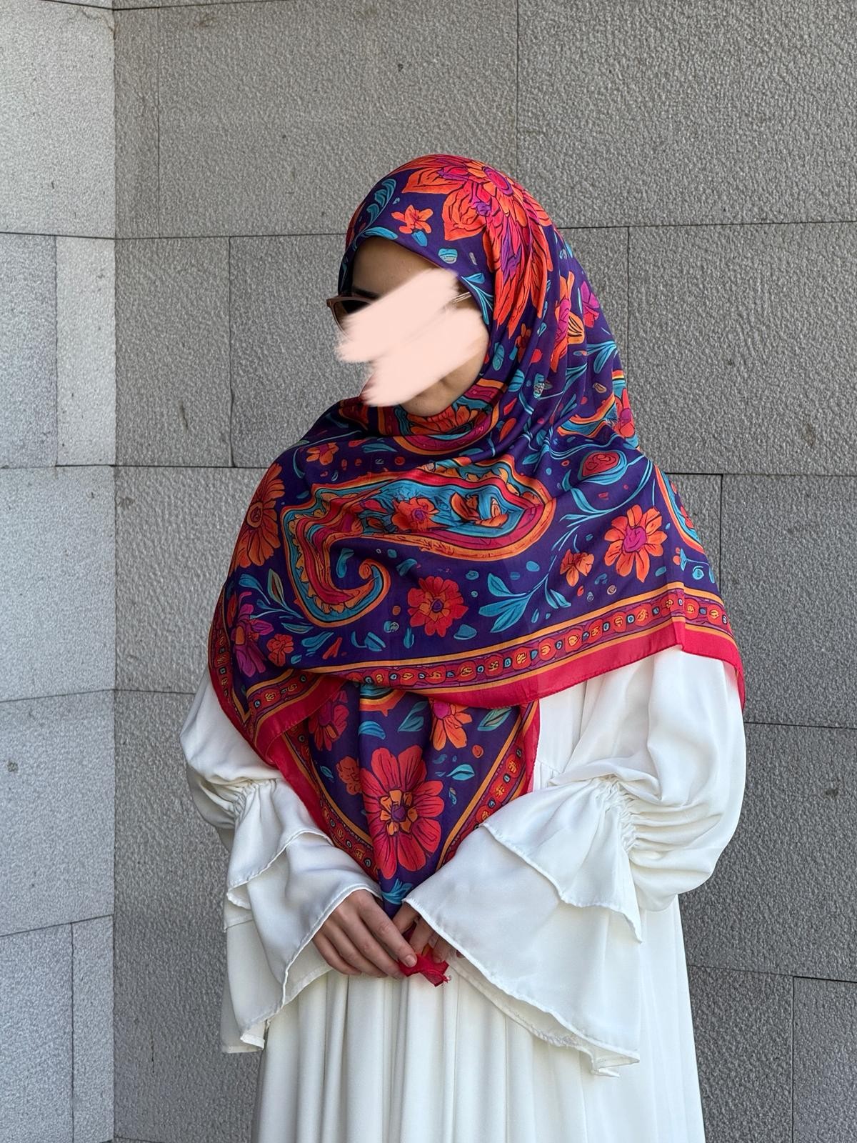 Pamuklu Vintage Desen Eşarp-Nar Çiçeği
