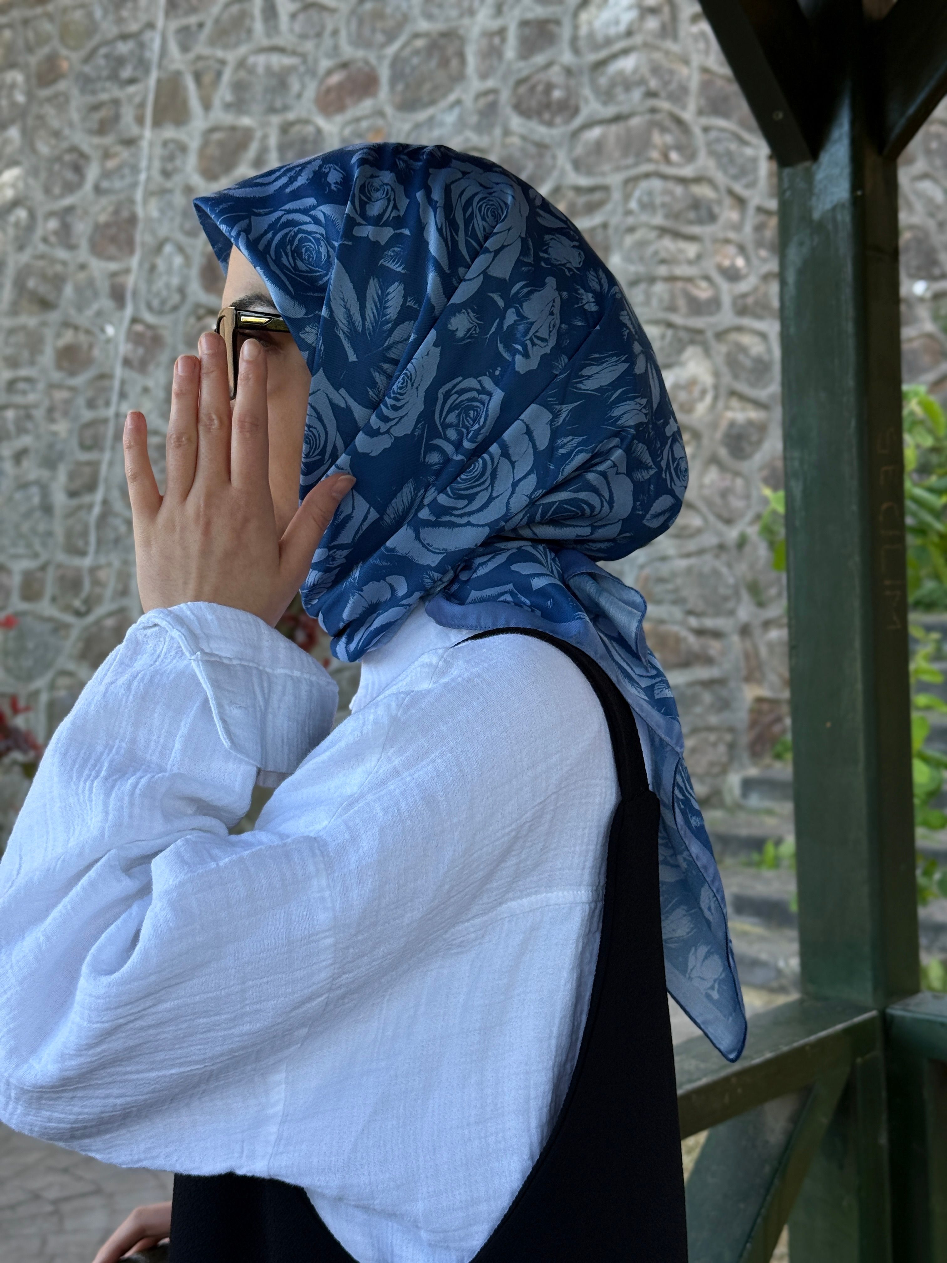 Pamuklu Soft Roza Desen Eşarp-Okyanus