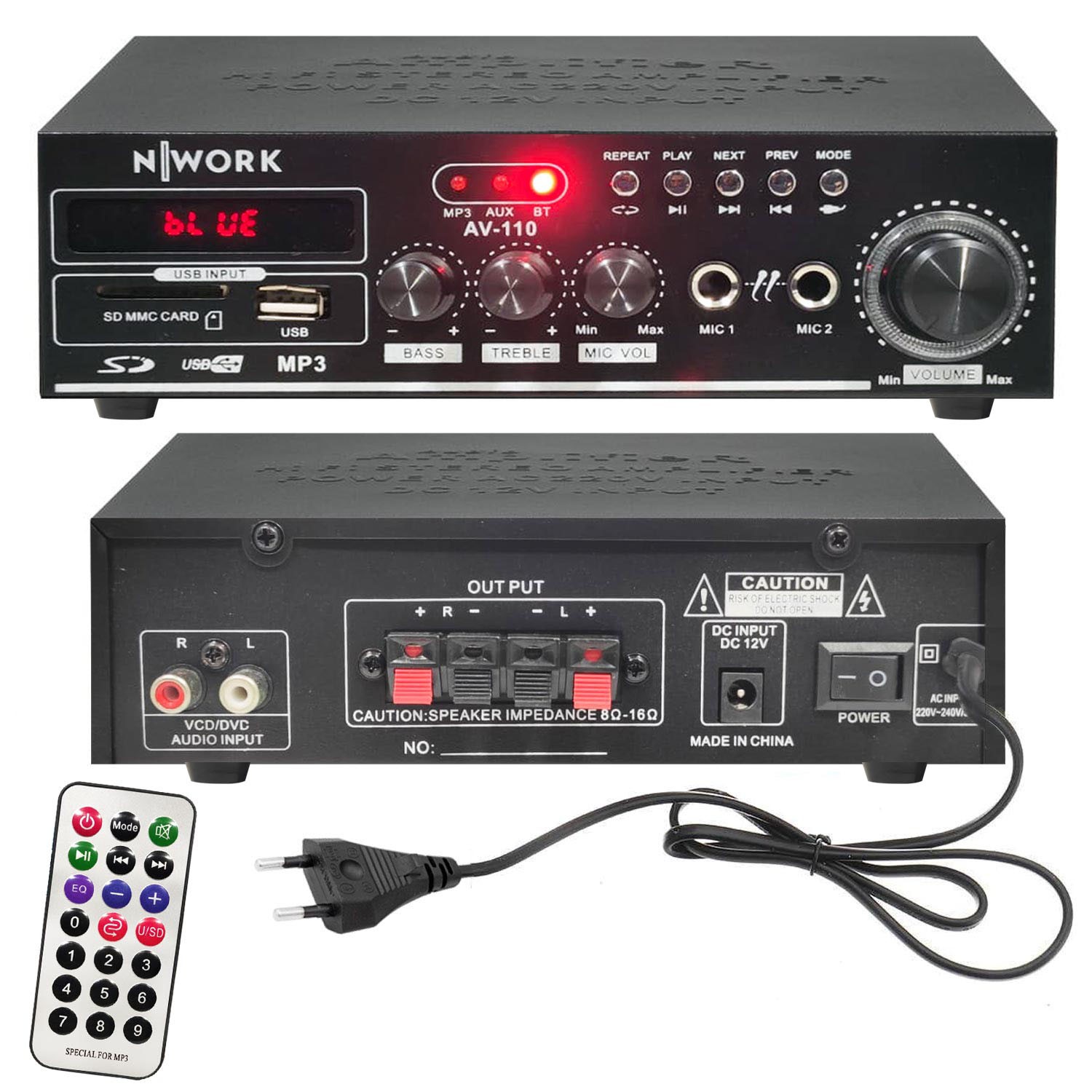 AMFİ 110W DİJİTAL BLUETOOTH USB/SD/MP3 12V/220V NWORK AV-110