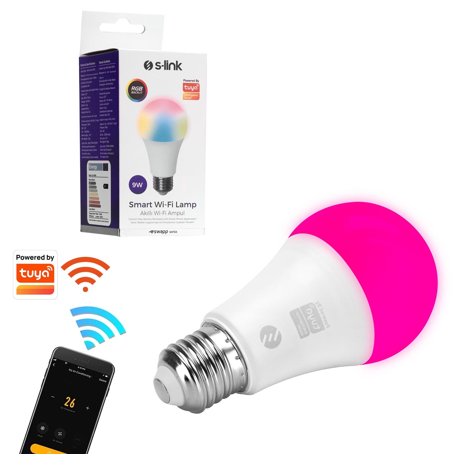 AKILLI RGB LED AMPÜL 9W 800 LÜMEN E27 WIFI TUYA DESTEKLI S-LINK SL-RGB9