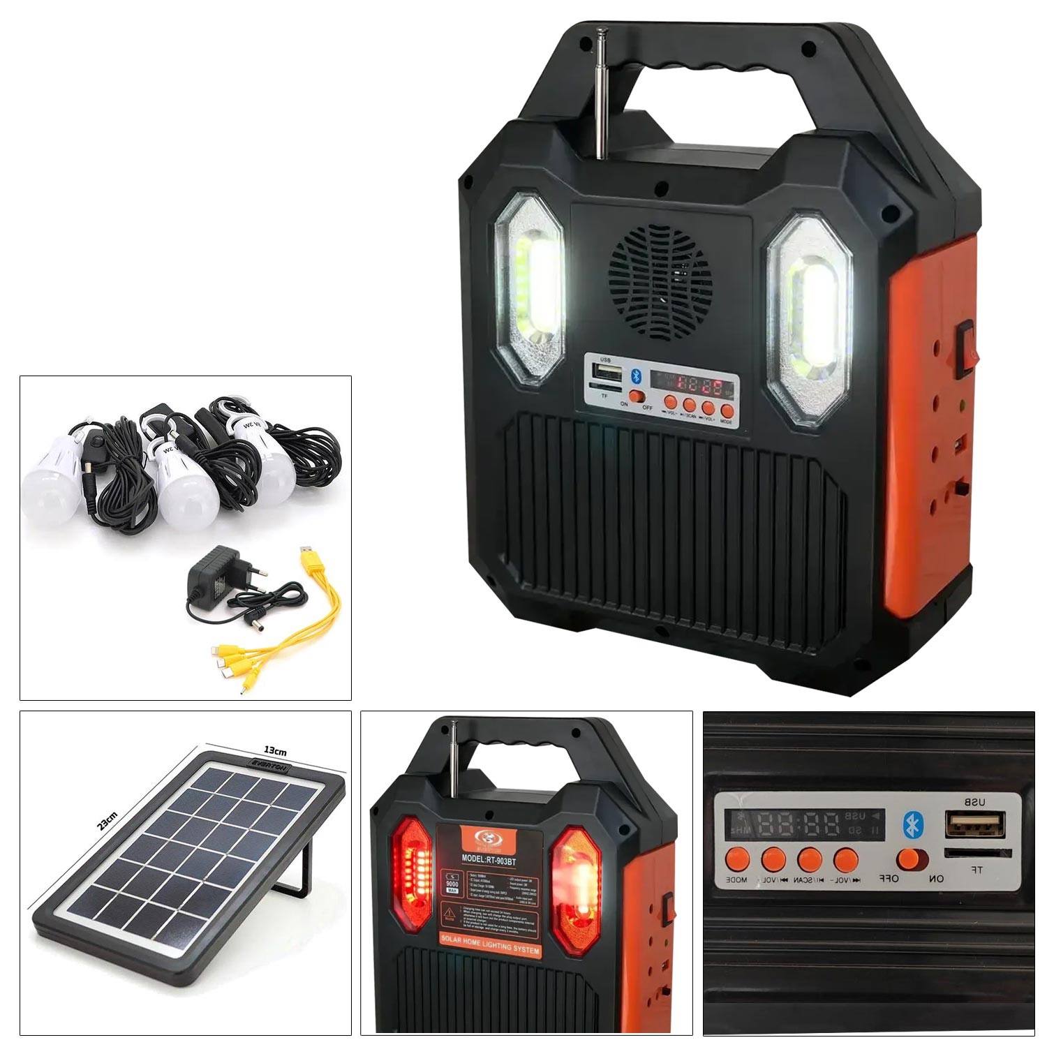 SOLAR KAMP LAMBASI ACIL DURUM ISIGI SARJLI COB LED+KIRMIZI LED BT/USB/SD/FM EVERTON RT-903BT