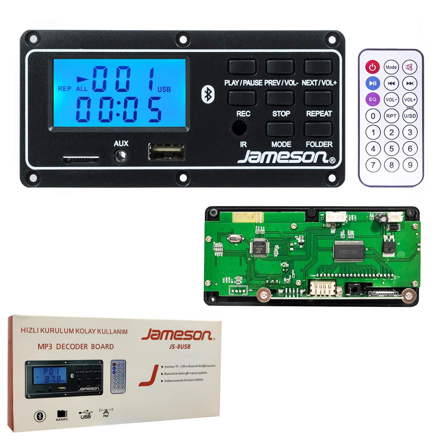 OTO TEYP ÇEVIRICI BORD 12V BT/USB/SD/FM/AUX KONUSMALI JAMESON JS-8USB