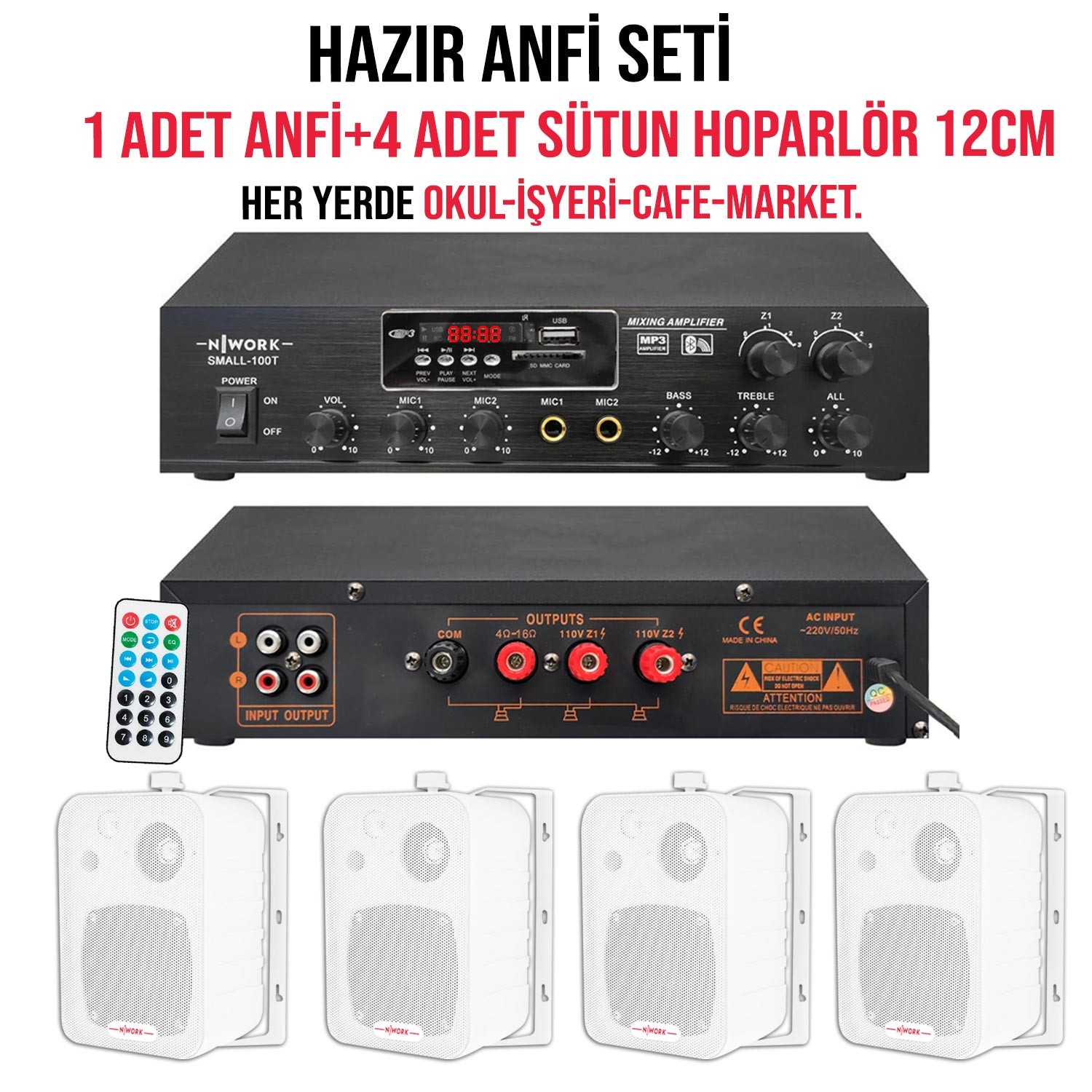 AMFİ (1 ADET) 100W+12CM SÜTUN HOPARLÖR (4 ADET) NWORK SMALL-100T SET