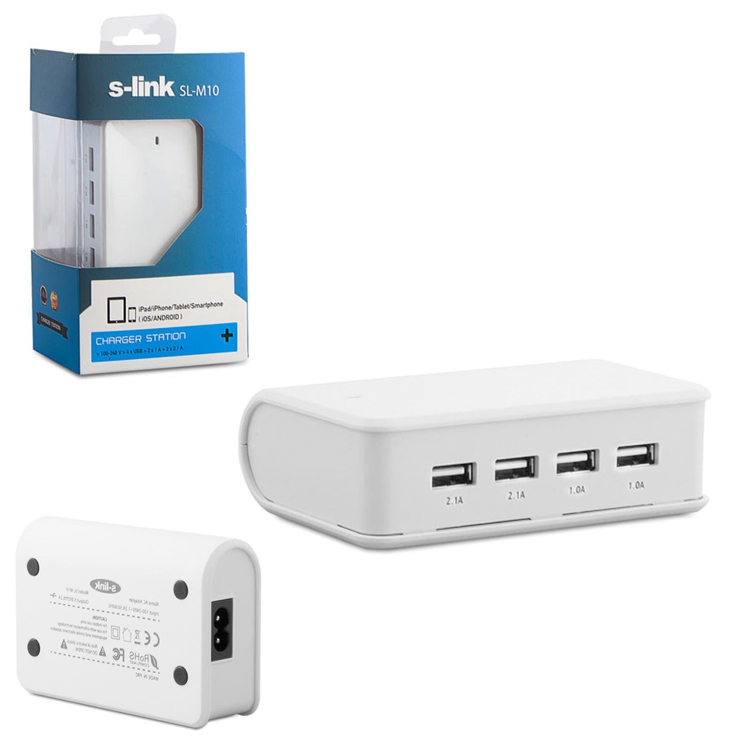 ŞARJ ALETİ 4 PORT USB 2.0 KABLOLU 5V 6.2A S-LİNK SL-M10