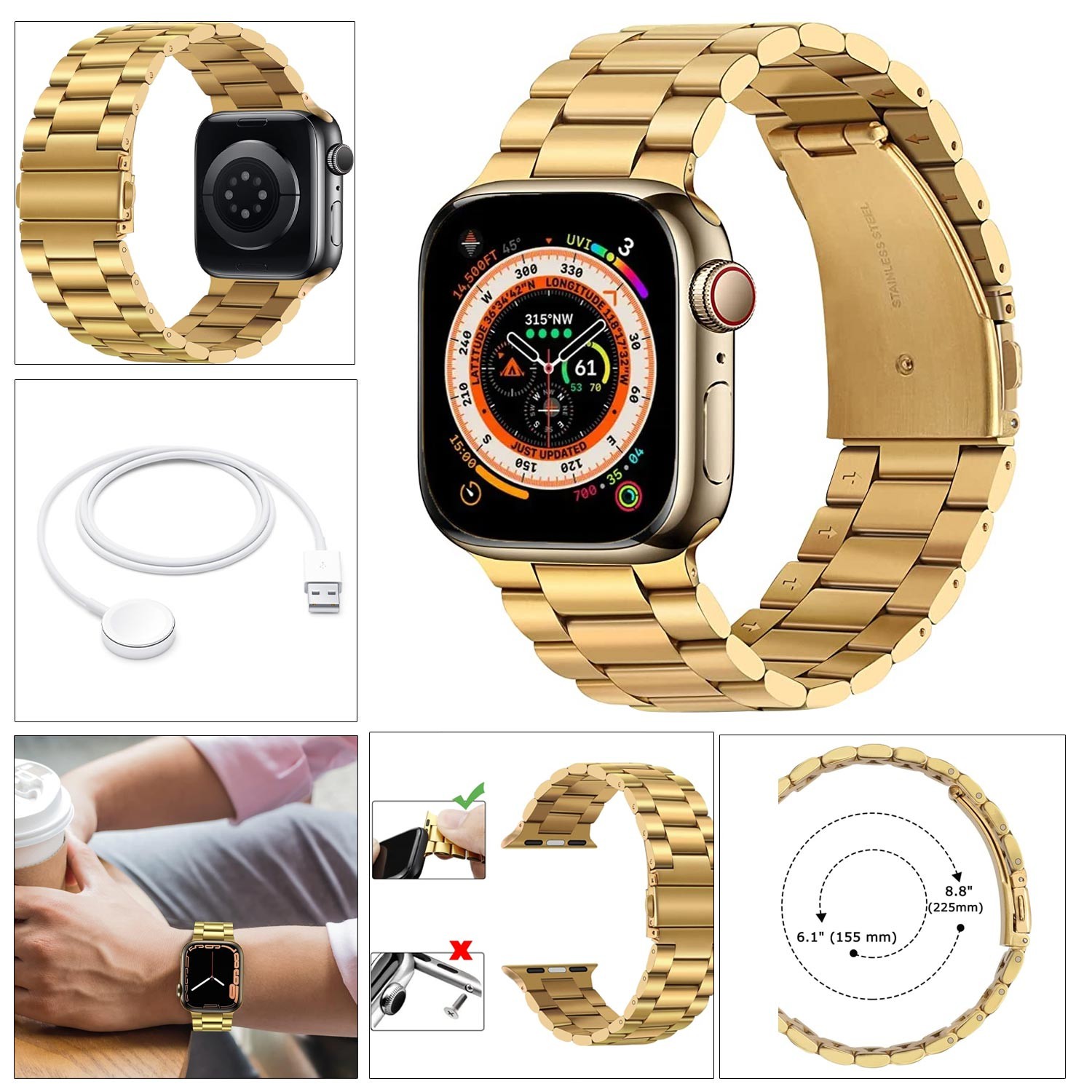 WATCH AKILLI SAAT IOS ANDROID KABLOSUZ ŞARJ BLUETOOTH GOLD METAL H9 ULTRA