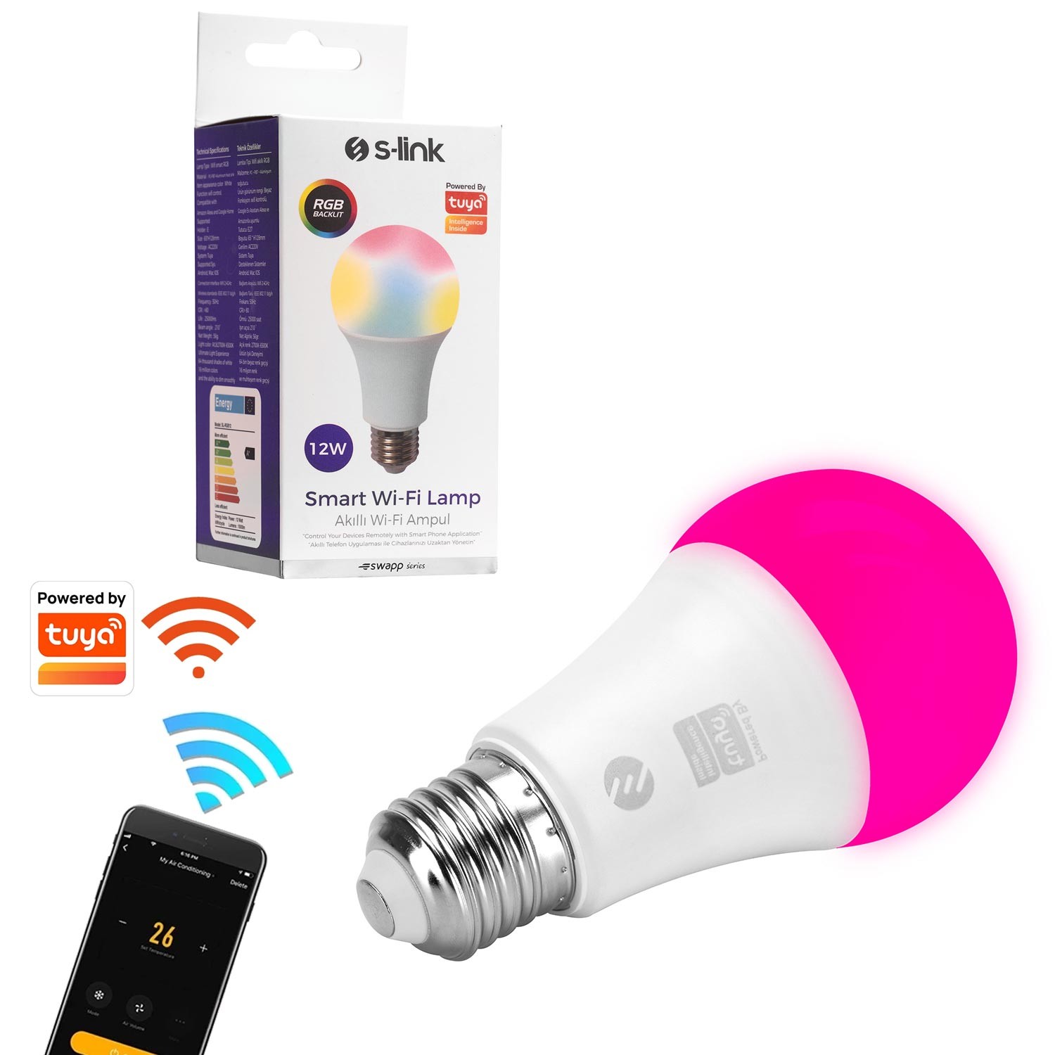 AKILLI RGB LED AMPÜL 12W 1000 LÜMEN E27 WIFI TUYA DESTEKLI S-LINK SL-RGB12