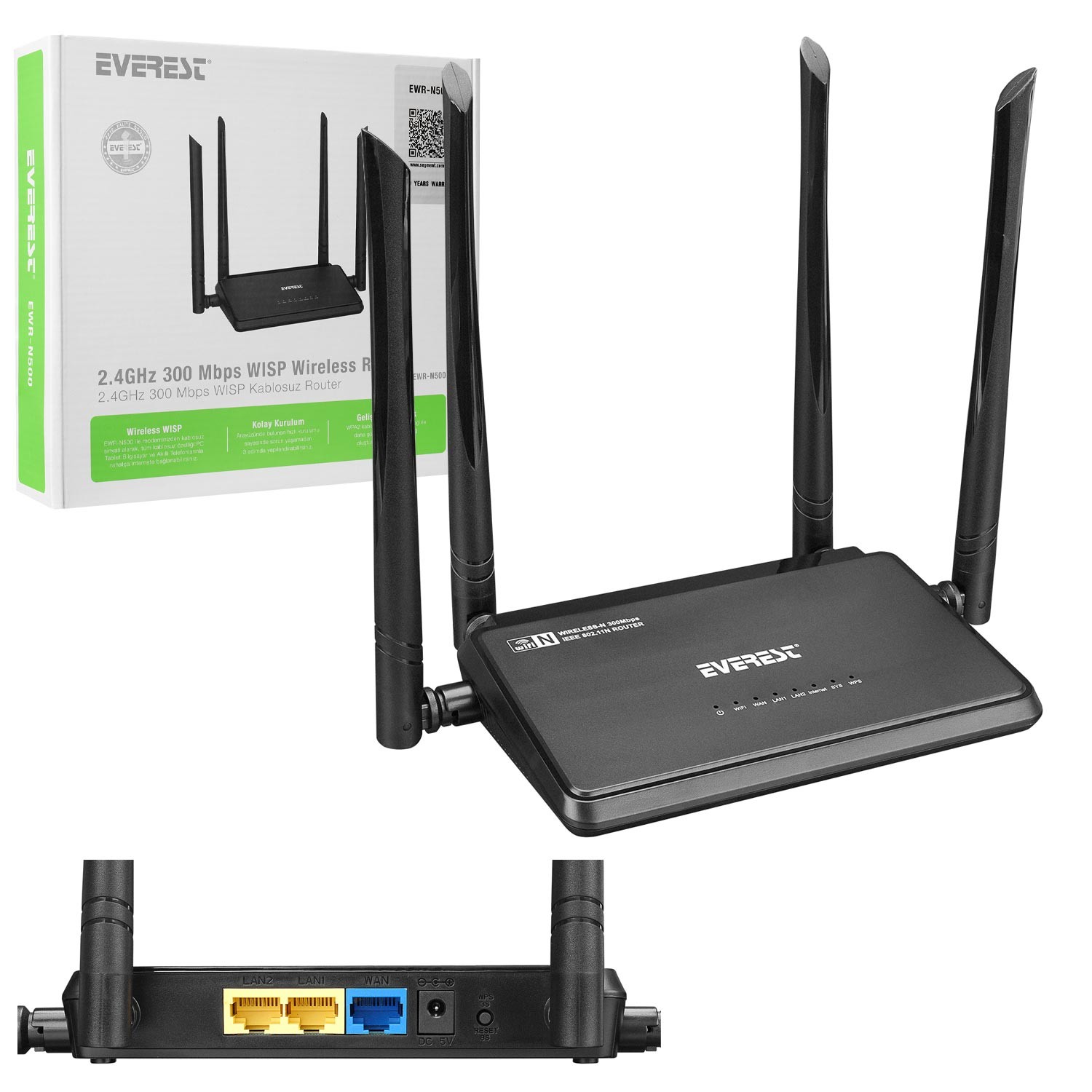 KABLOSUZ ROUTER REPEATER 2 PORT 300 MBPS EVEREST EWR-N500