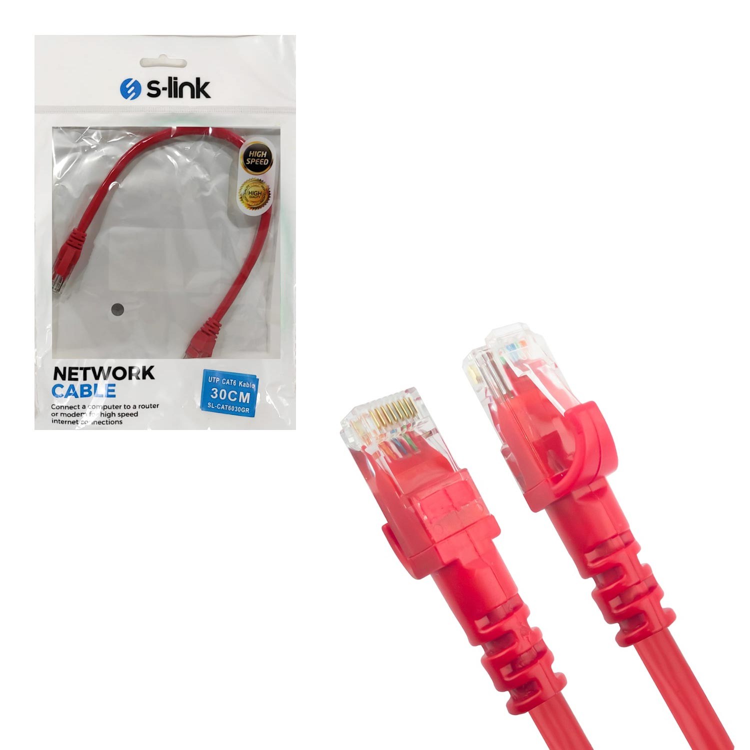 CAT6 PATCH NETWORK ETHERNET KABLO UTP KIRMIZI 30CM S-LİNK SL-CAT6030RE