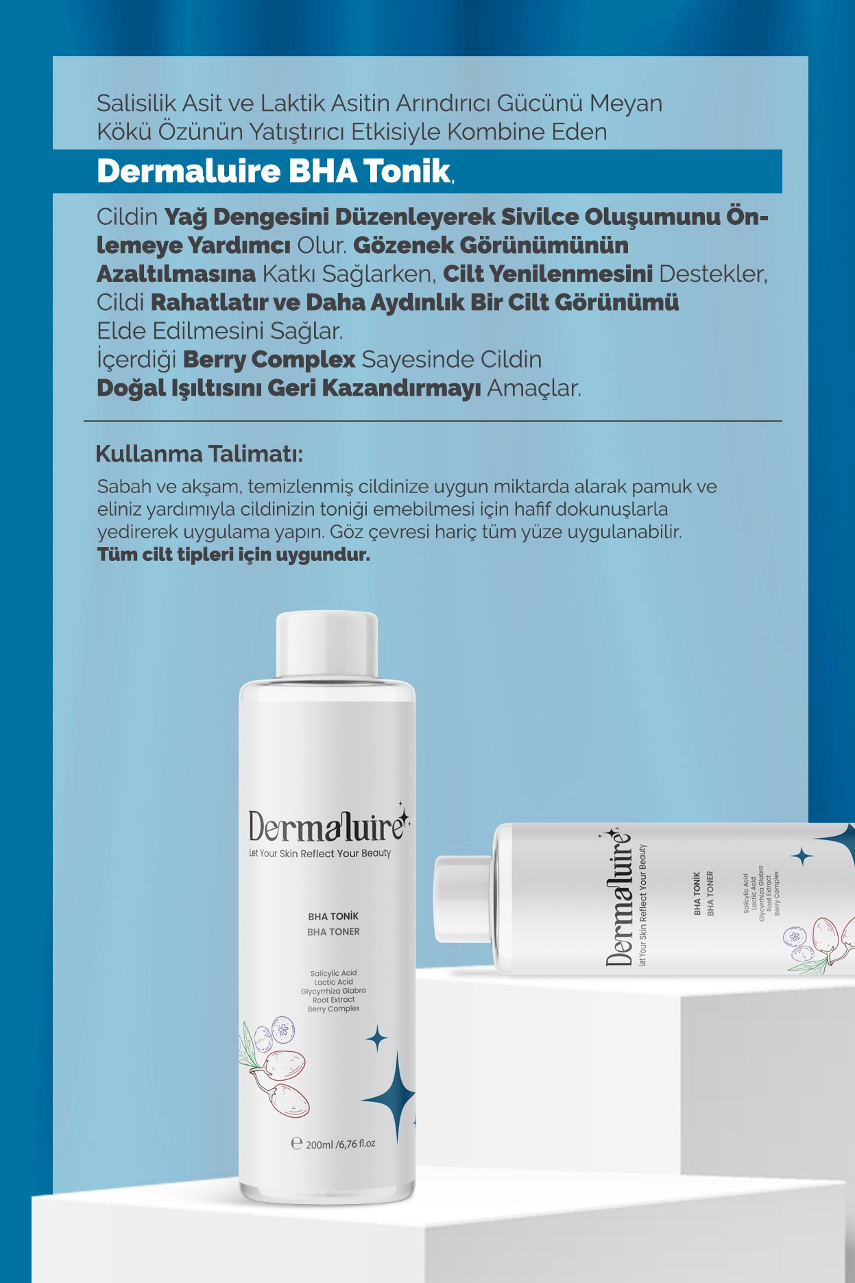 Dermaluire Gözenek Sıkılaştırıcı, Siyah Nokta Karşıtı BHA Tonik( Salicylic Acid, Lactic Acid, Glycyrrhiza Glabra Root Extract, Berry Complex )