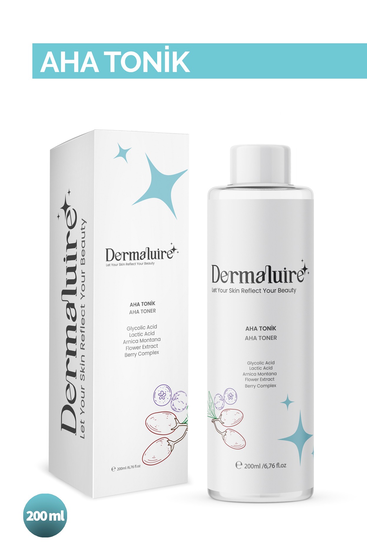 Dermaluire Arındırıcı ve Gözenek Temizleyici AHA Tonik ( Glycolic Acid, Lactic Acid, Arnica Montana Flower Extract, Berry Complex )