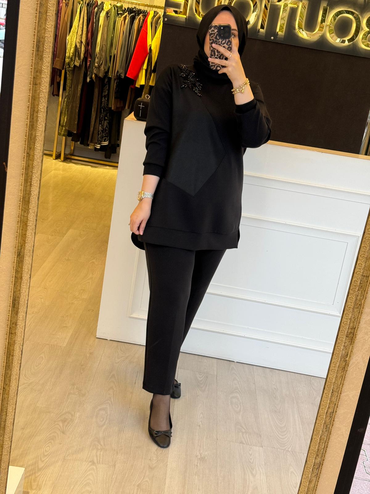 FUAT GÜRSEN Göğüs Taş İşlemeli Mix Tunik - Pantolon Takım