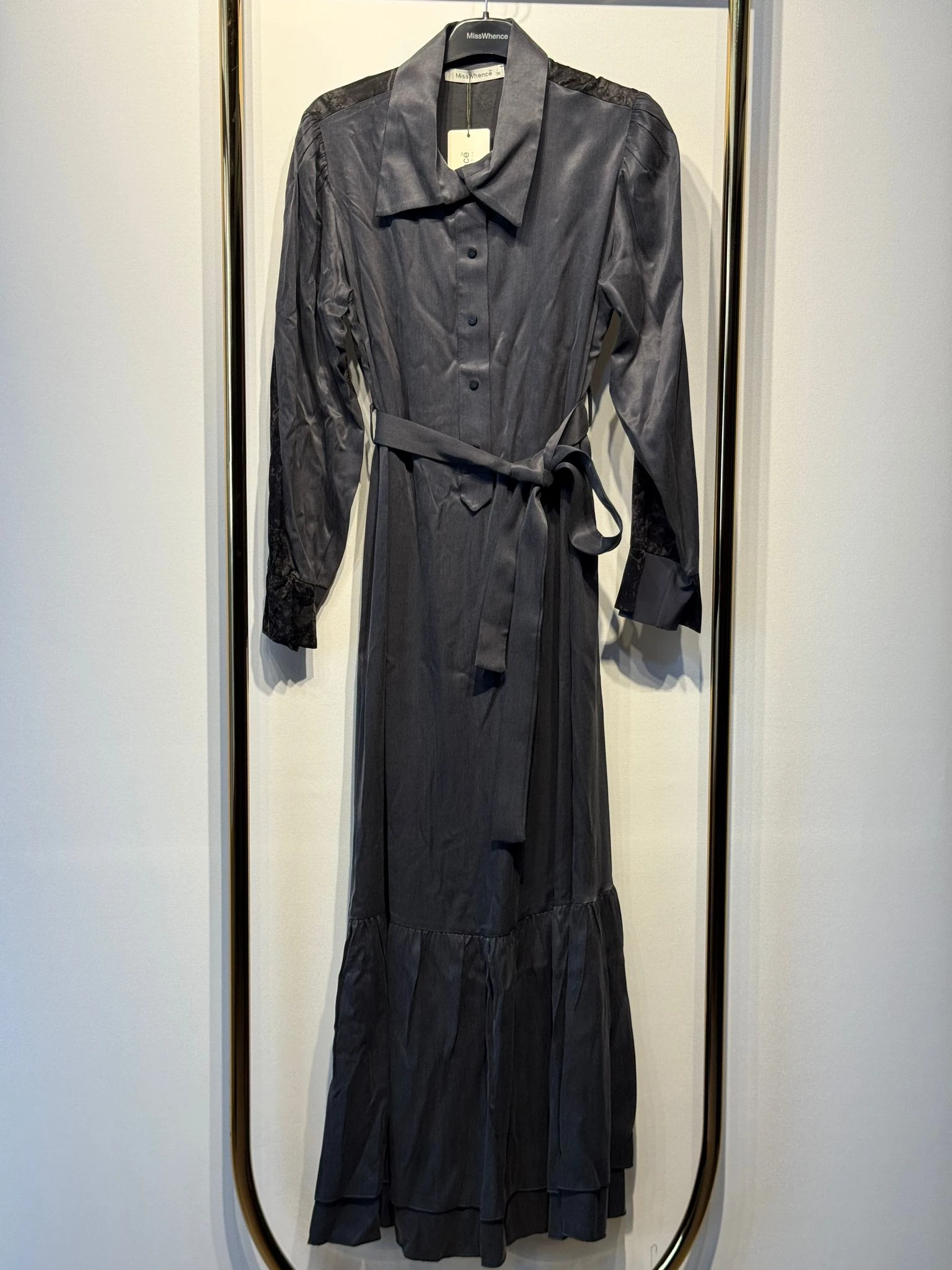 MİSSWHENCE 38827 Gömlek Tip Arkası Desenli İpek Cupra Elbise