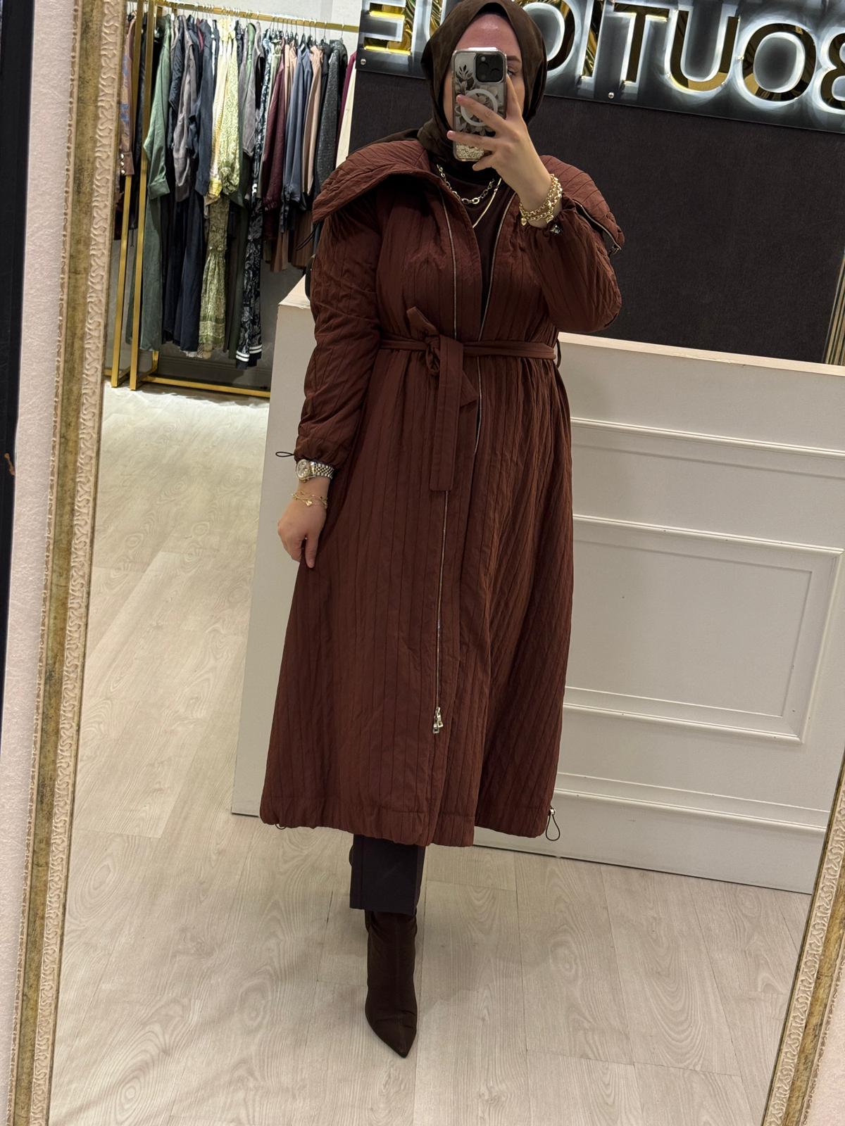 MİSSWHENCE 38508 Kabartma Kumaş Önden Fermuarlı Pardesü