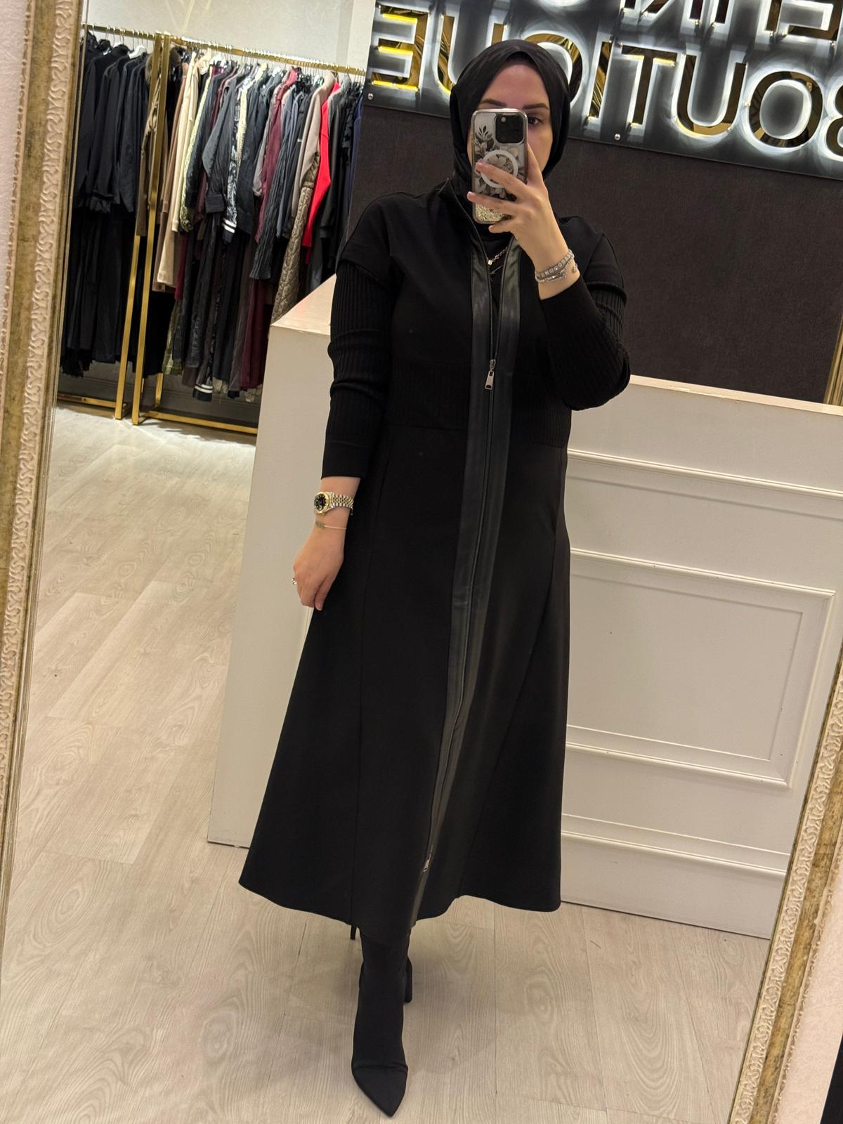 NUSS Deri Garnili Önden Fermuarlı Triko Detaylı Uzun Kap