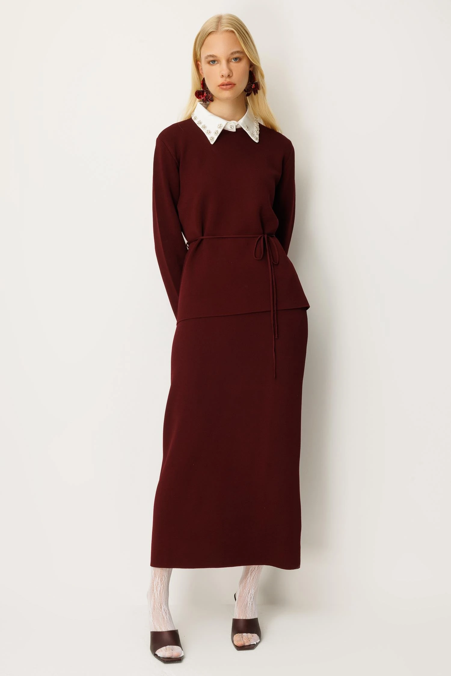 GHİSA Yaka Taş Detaylı Merserize Tunik Etek Takım