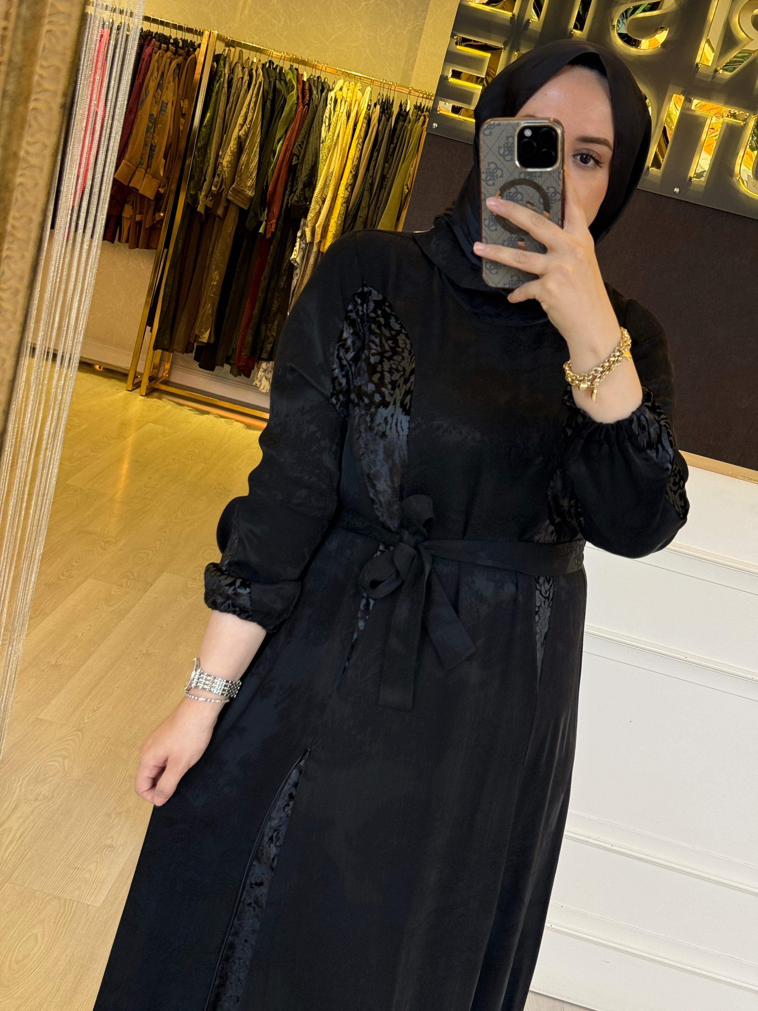 MİSSWHENCE 38801 Belden Bağlamalı Desenli Kumaş İpek Cupra Elbise