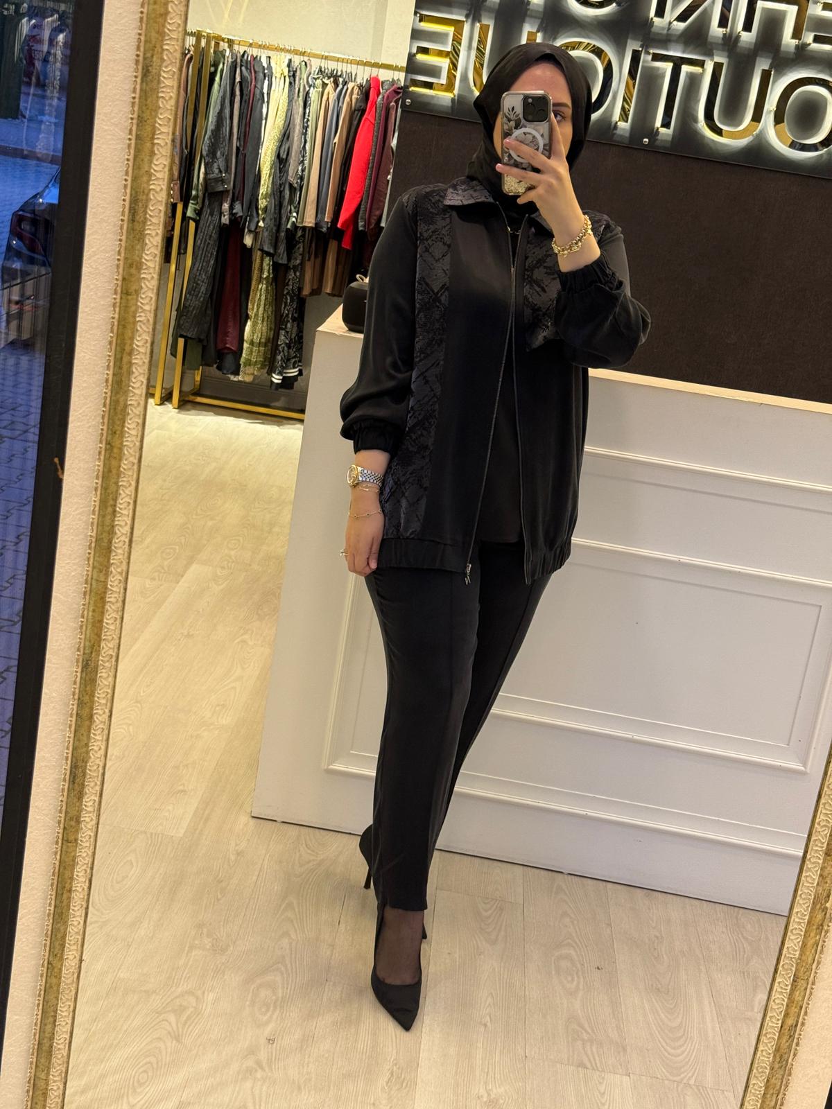 NUSS Fermuarlı Tunik Pantolon İpek Cupra Kumaş Takım