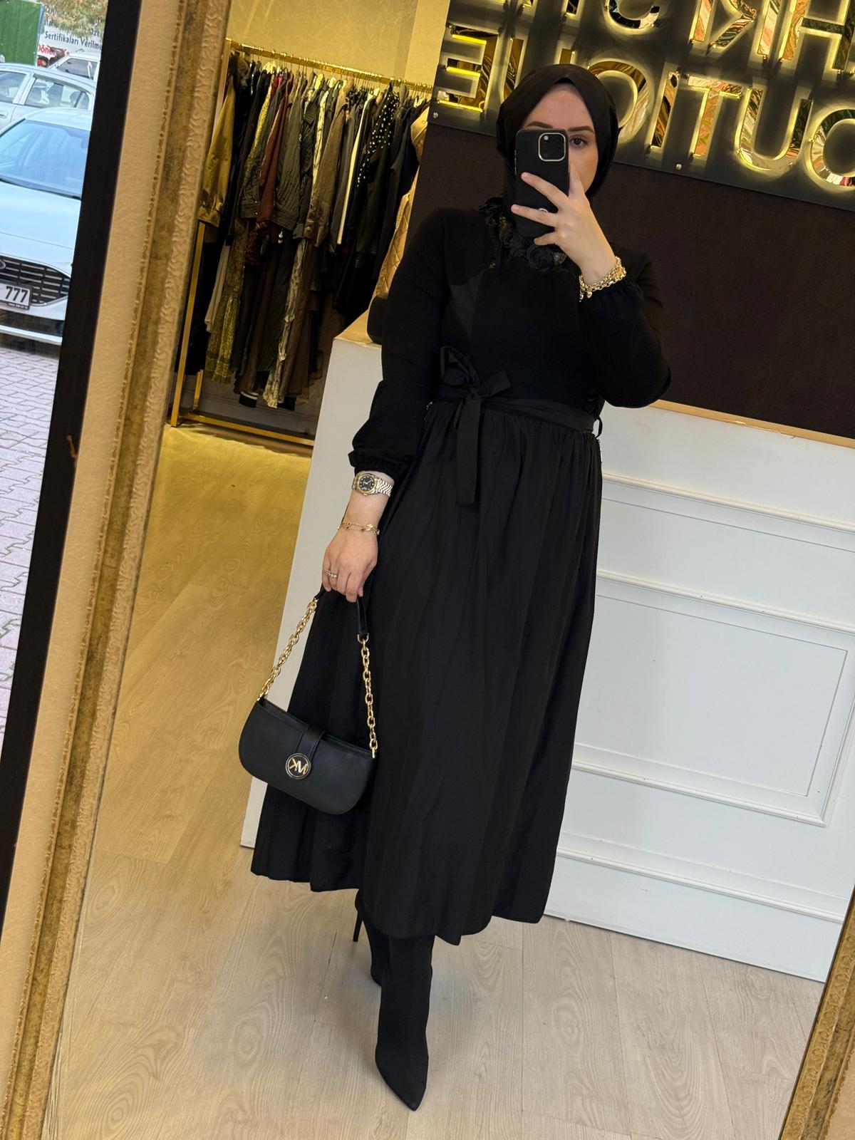 MİSSWHENCE 38830 Payet İşlemeli Fermuar Detaylı Uzun Belden Bağlamalı Elbise