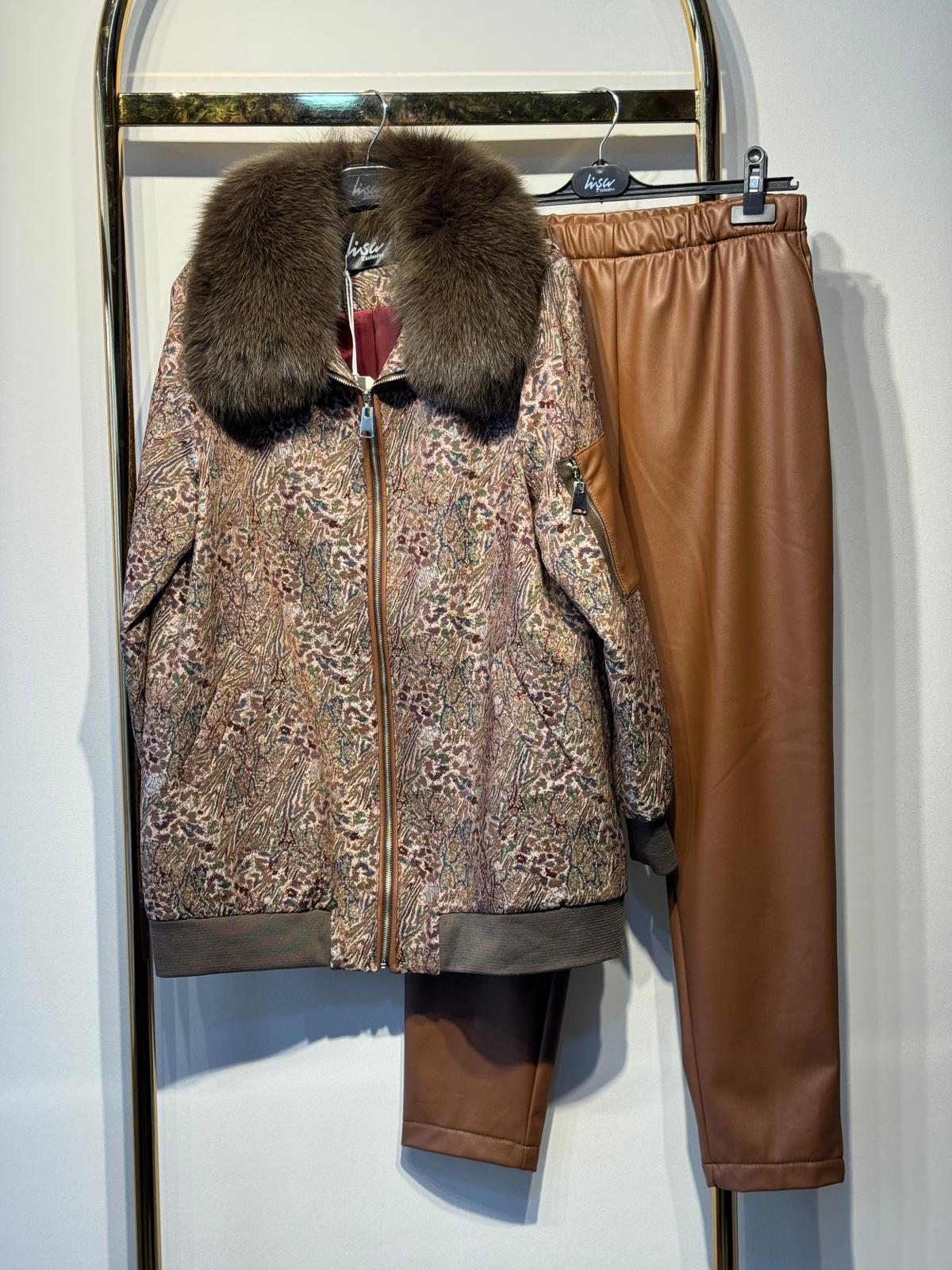 LİSA EXCLUSİVE Kürk İşlemeli Desen Kumaş Deri Pantolonlu Tasarım Takım