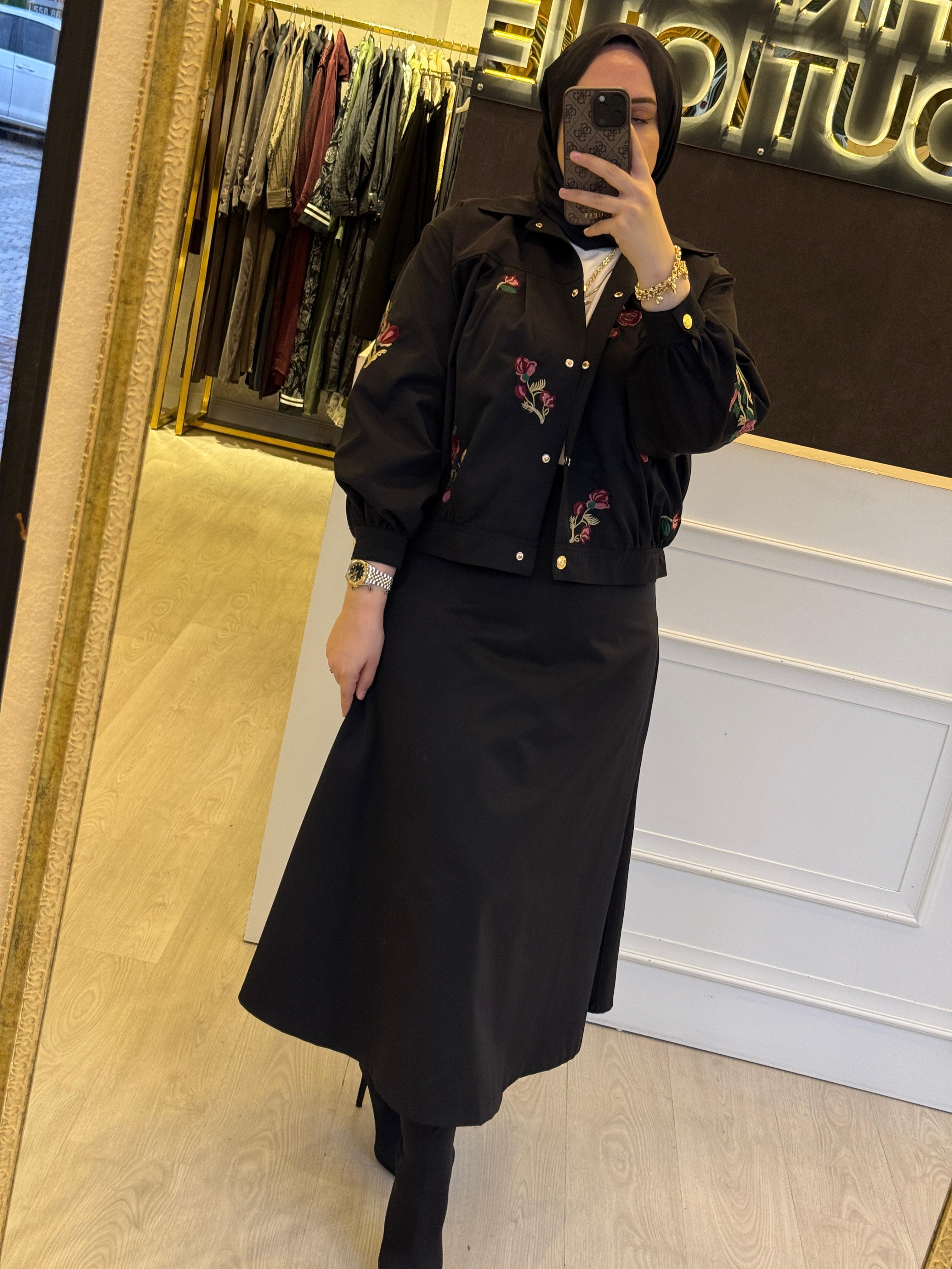 GHİSA Çiçek Nakış İşlemeli Kısa Bumber - Çan Etek Tasarım Takım