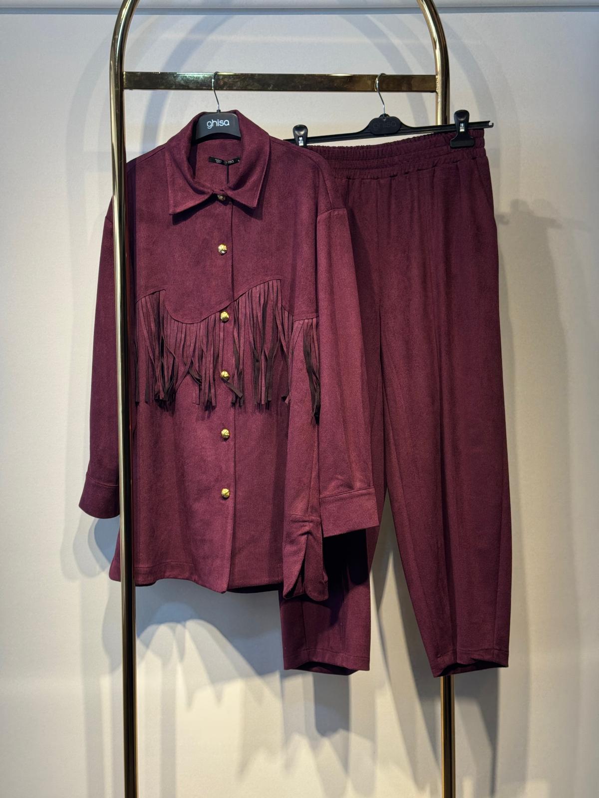 GHİSA Gold Düğme Detaylı Saçak İşlemeli Süet Ceket Pantolon Takım