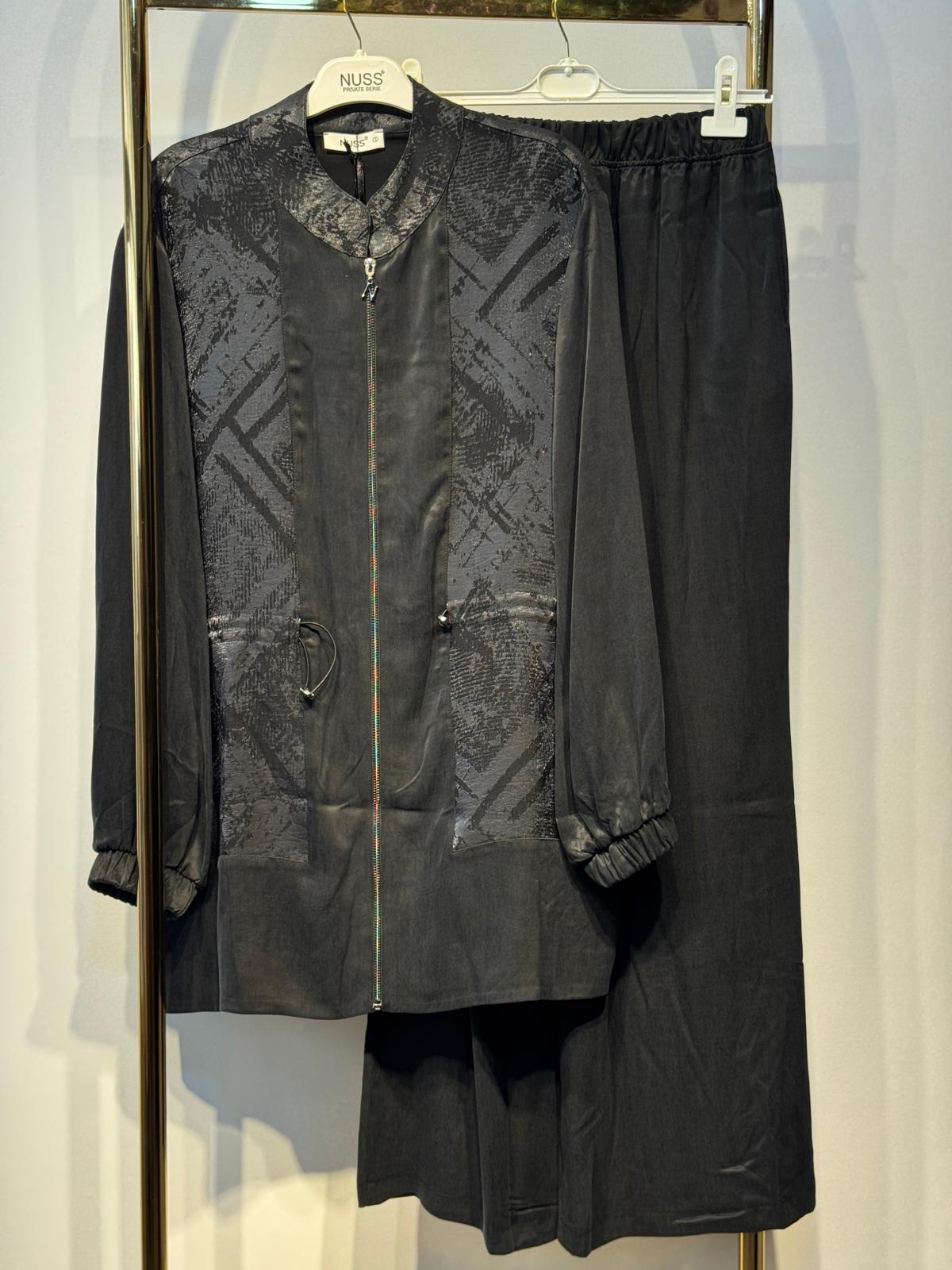 NUSS İpek Cupra Parla Kumaş Mix Tunik Pantolon Takım