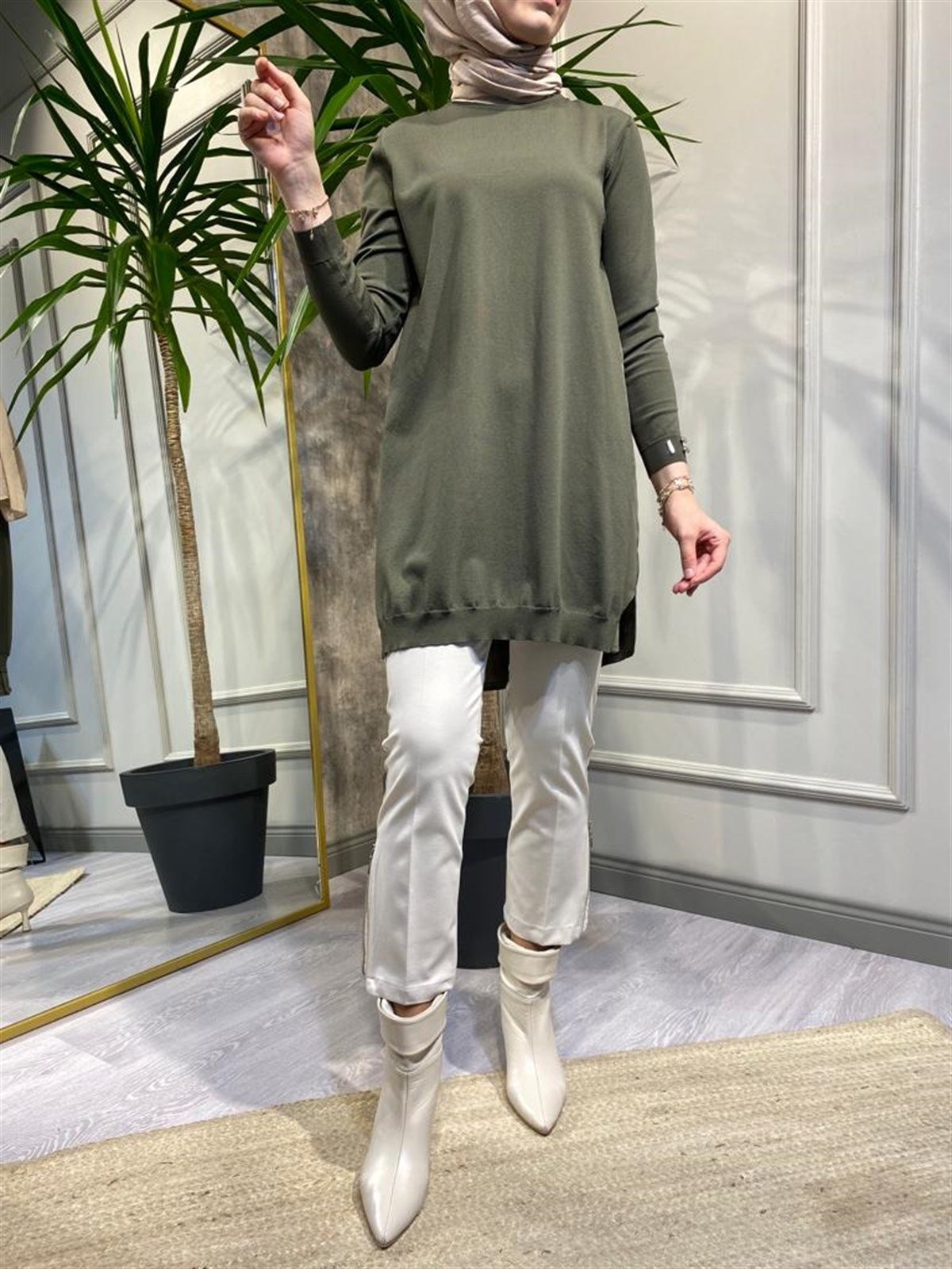 İNVEE Haki Yanları Şifonlu Tunik 5860