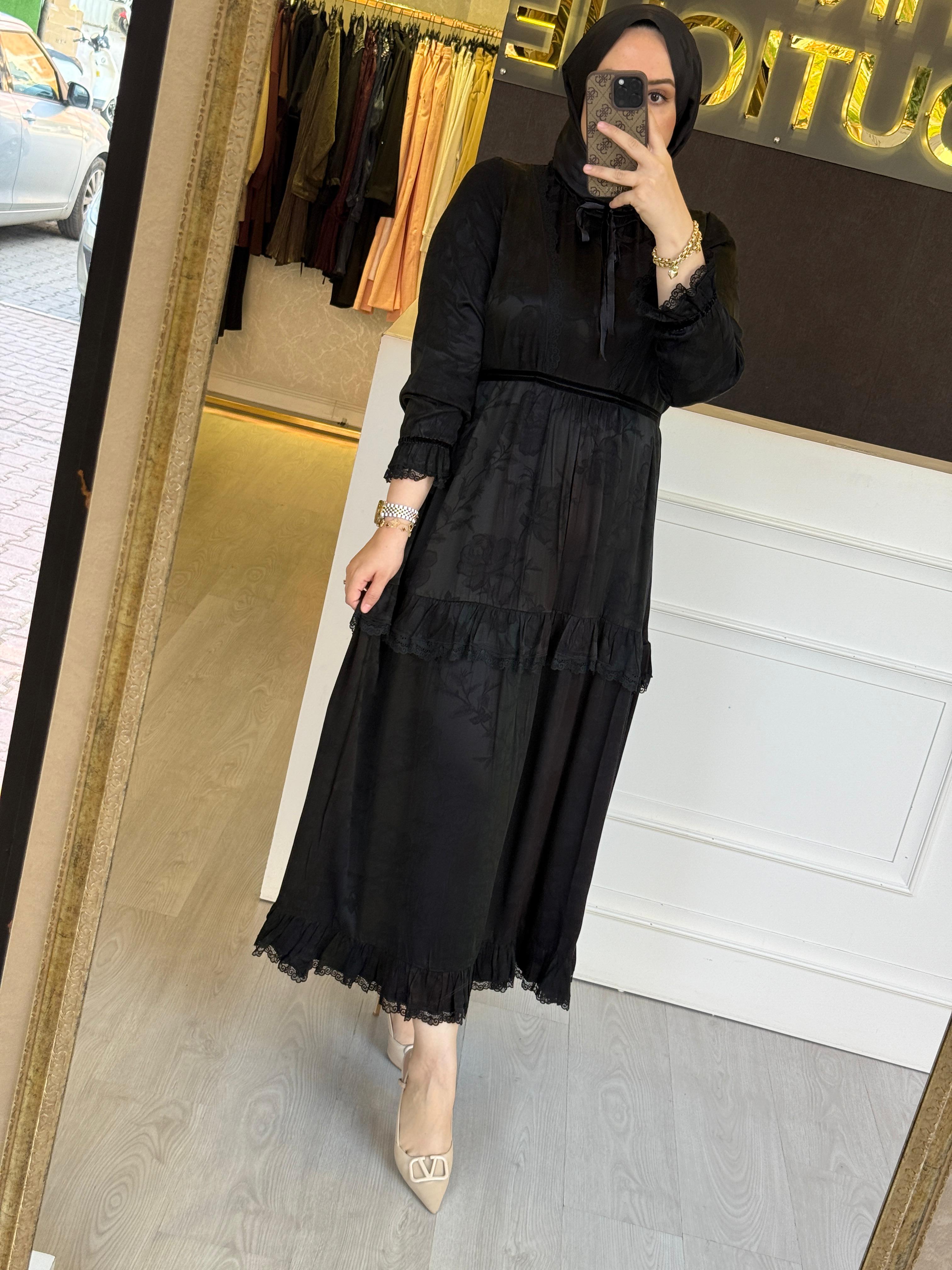 MİSSWHENCE 38805 Arkadan Bağlamalı Nakış ve Güpür İşleme Detaylı İpek Cupra Elbise