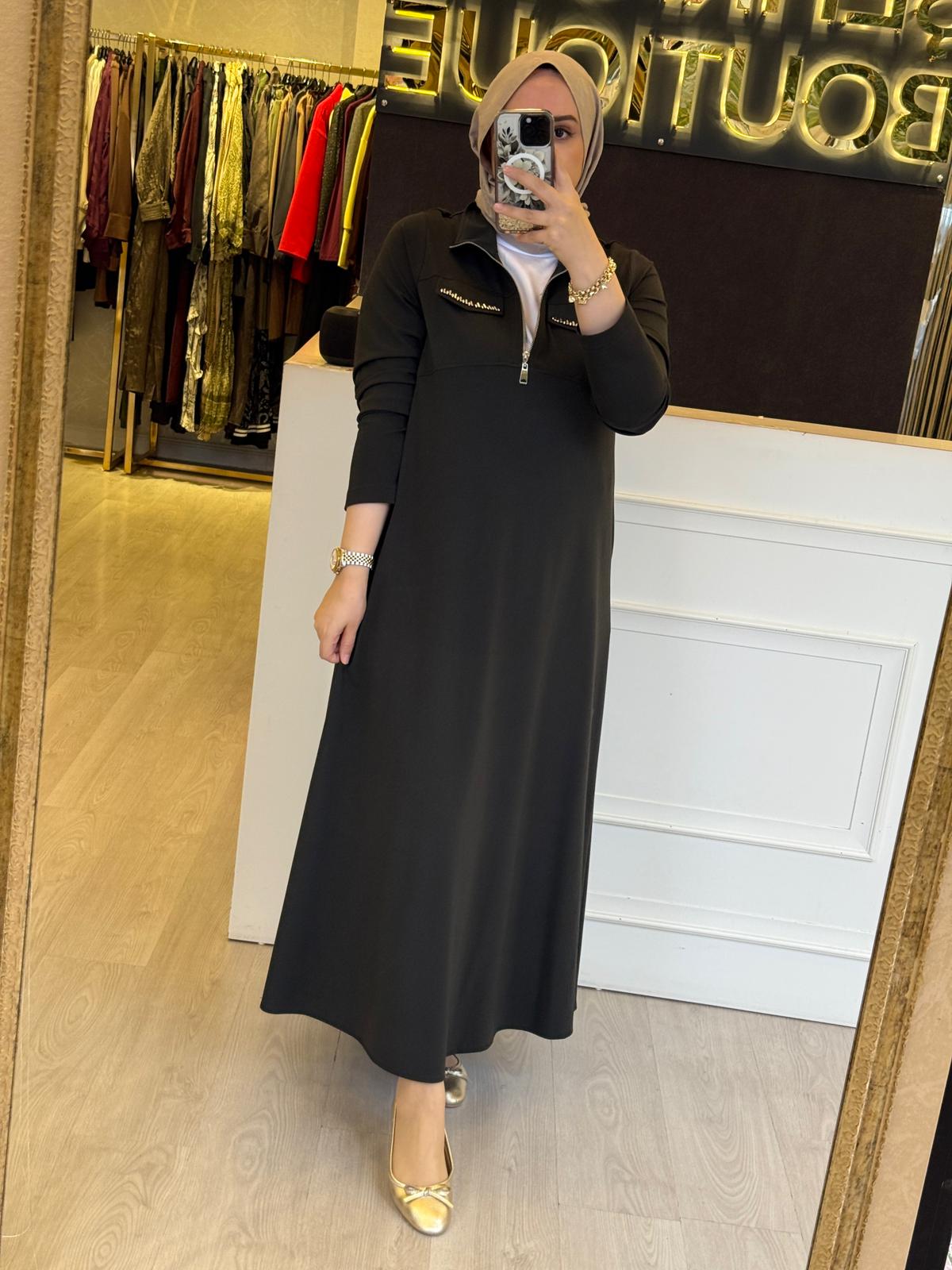 NUSS Hakim Yaka Yarım Fermuar Oyscho Uzun Elbise