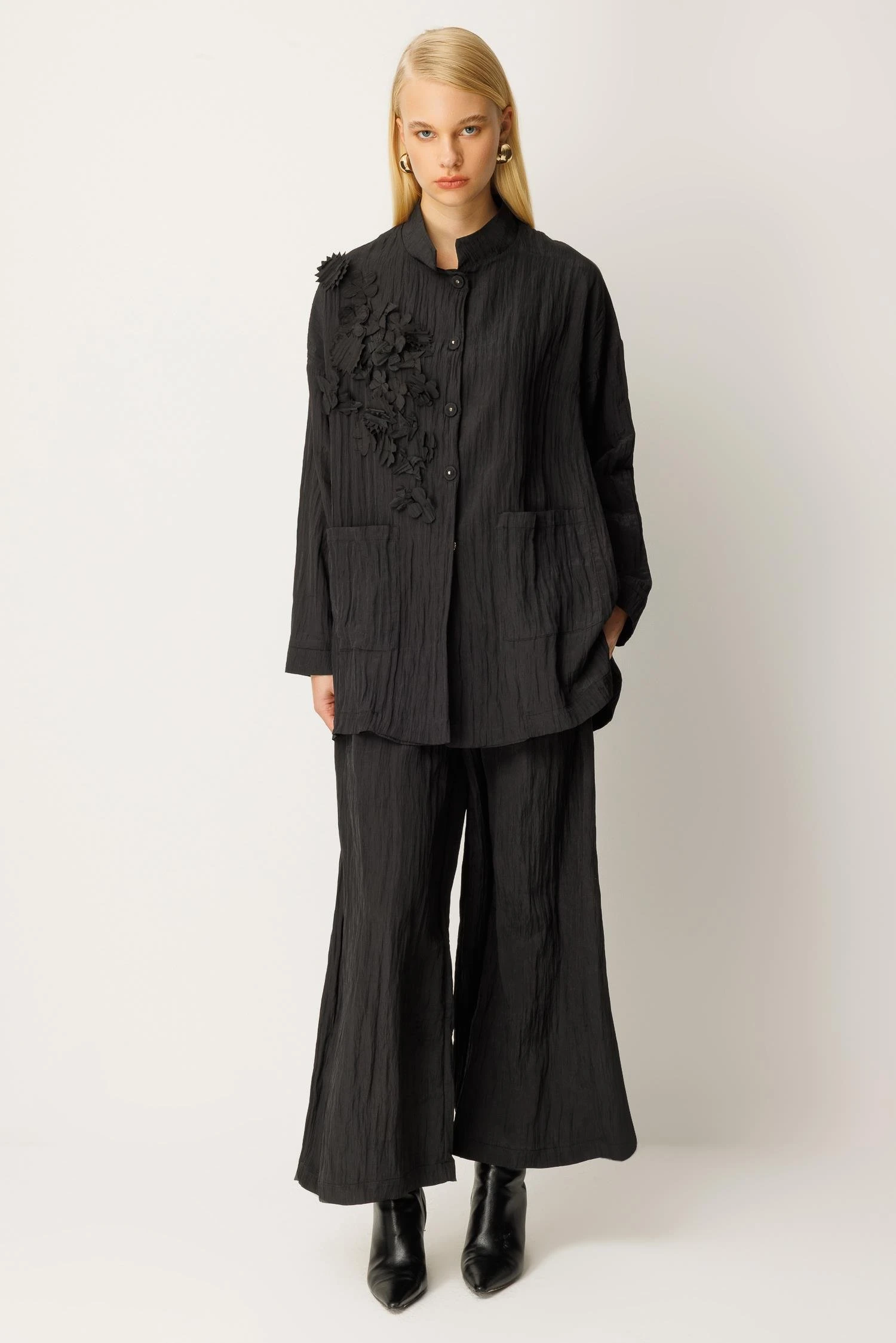 GHİSA Çiçek İşlemeli Kırıştırma Kumaş Gömlek Pantolon Takım