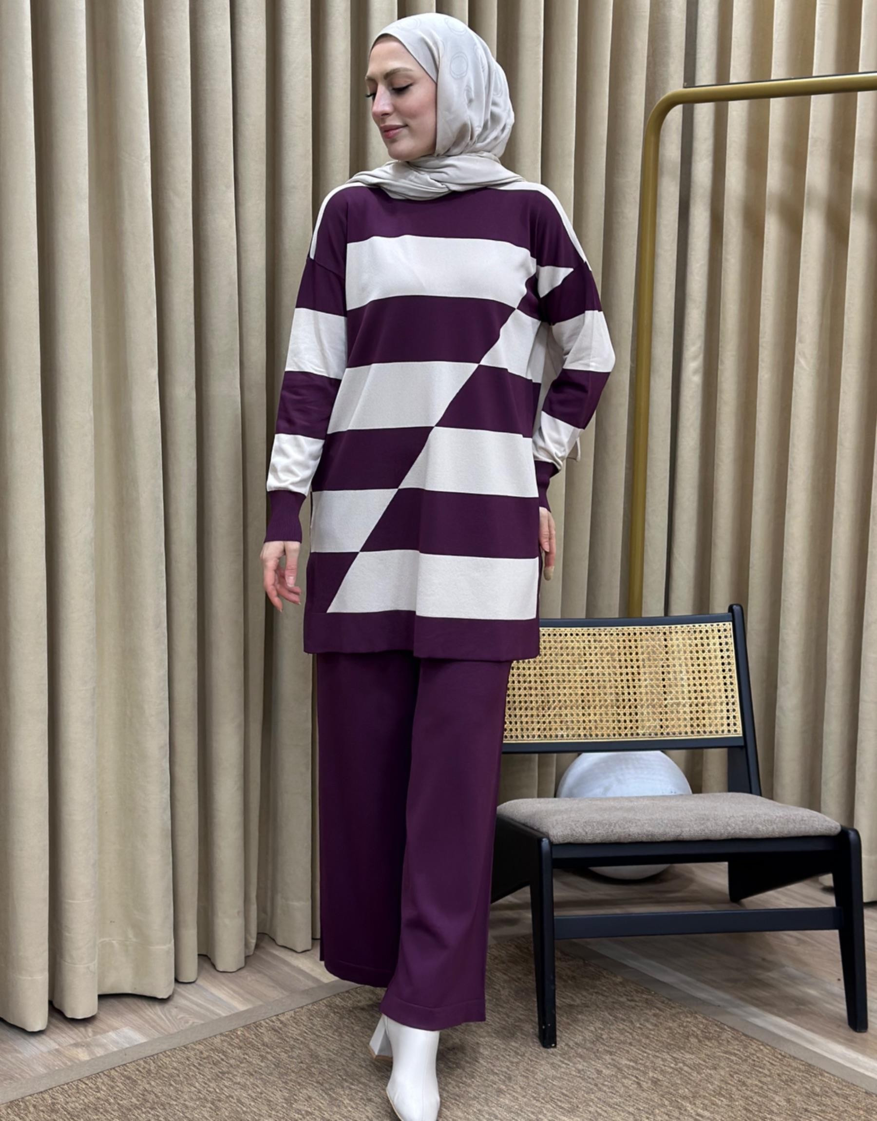 NUSS Merserize Enine Çizgili Sweat Pantolon Takım