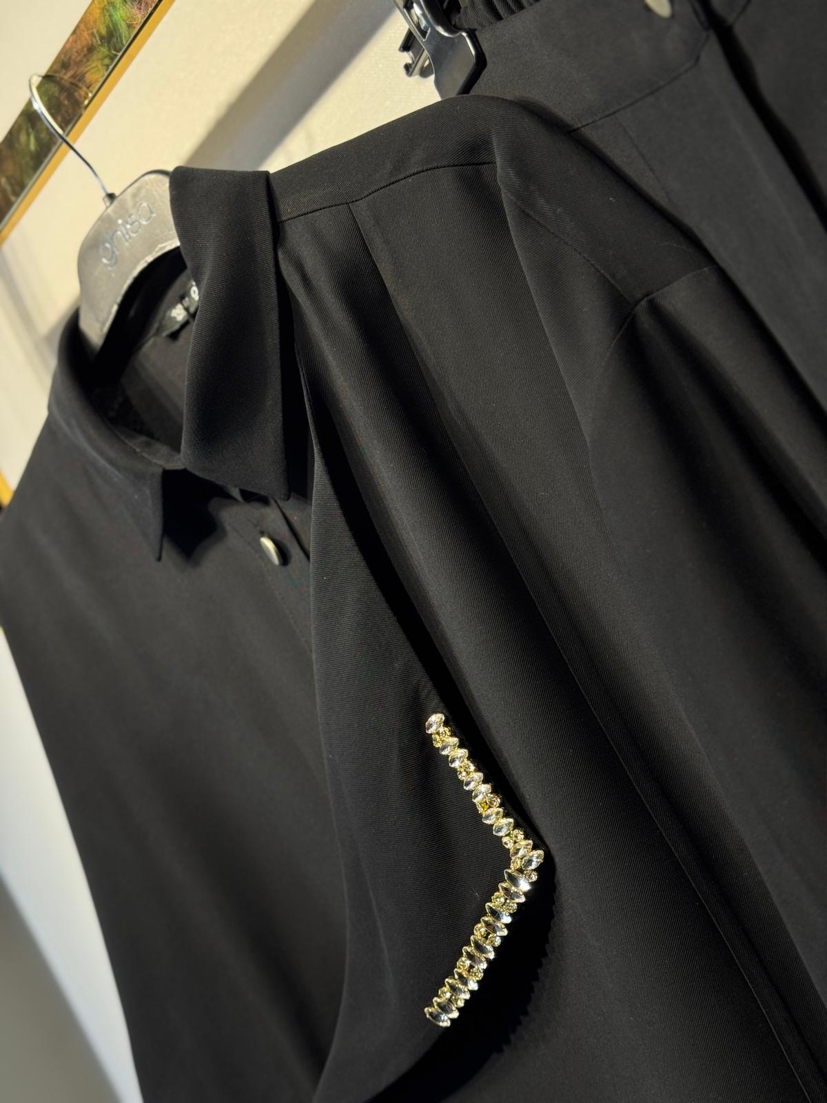 GHİSA Özel Tasarım Pırlanta Taş İşlemeli Gömlek Pliseli Rahat Pantolon Takım