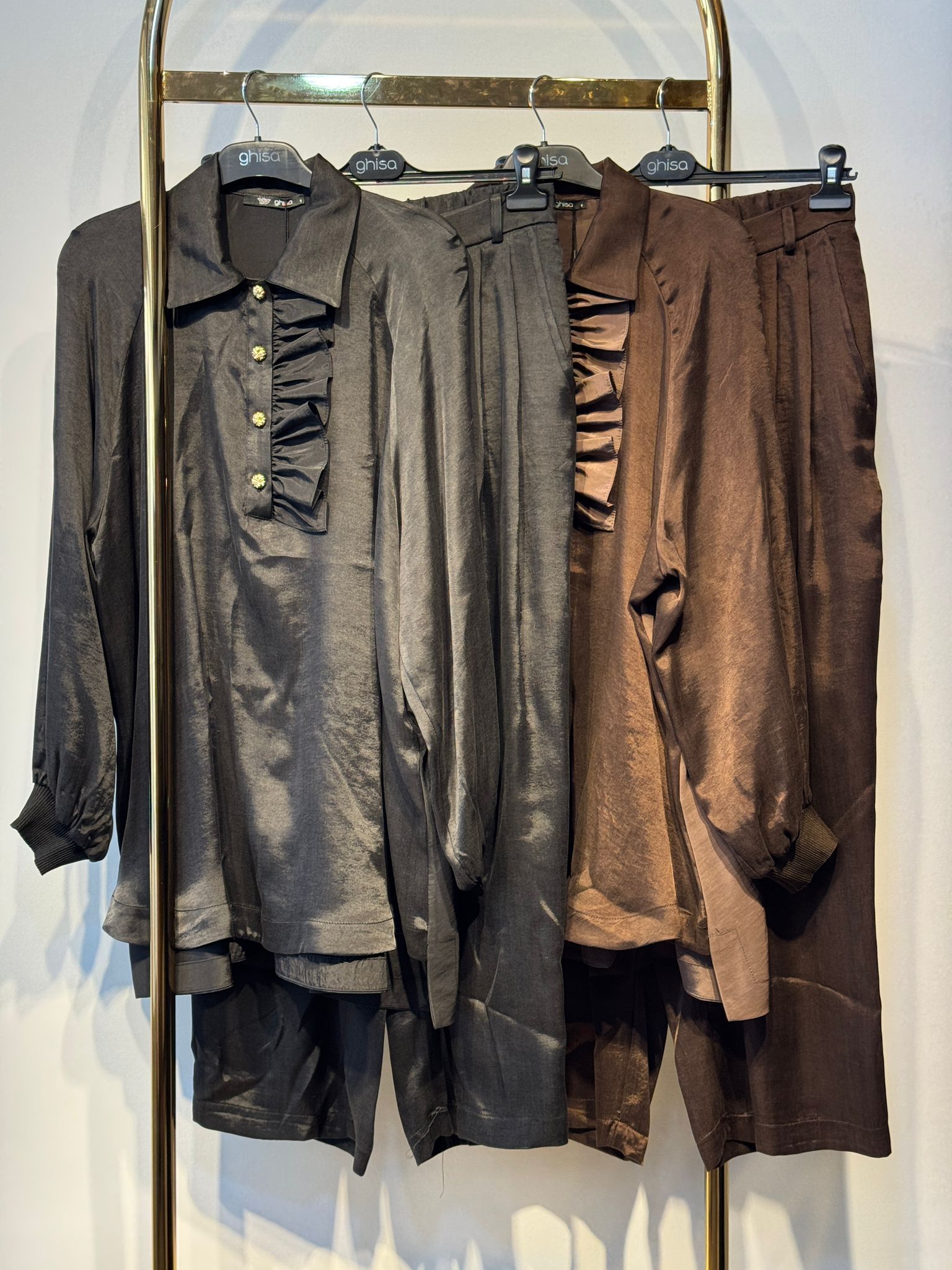 GHİSA Yarım Düğme Yakalı Tunik - Rahat Pantolon İpek Cupra Takım