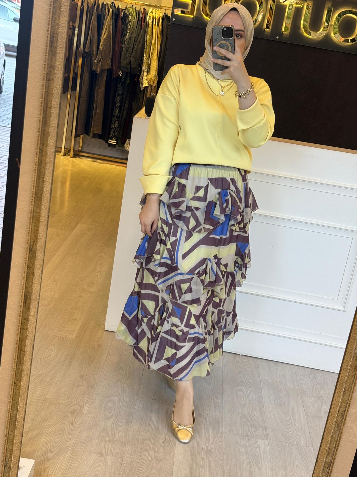 MİSSEMRAMİSS Amarose Volanlı Şifon Desenli Etek