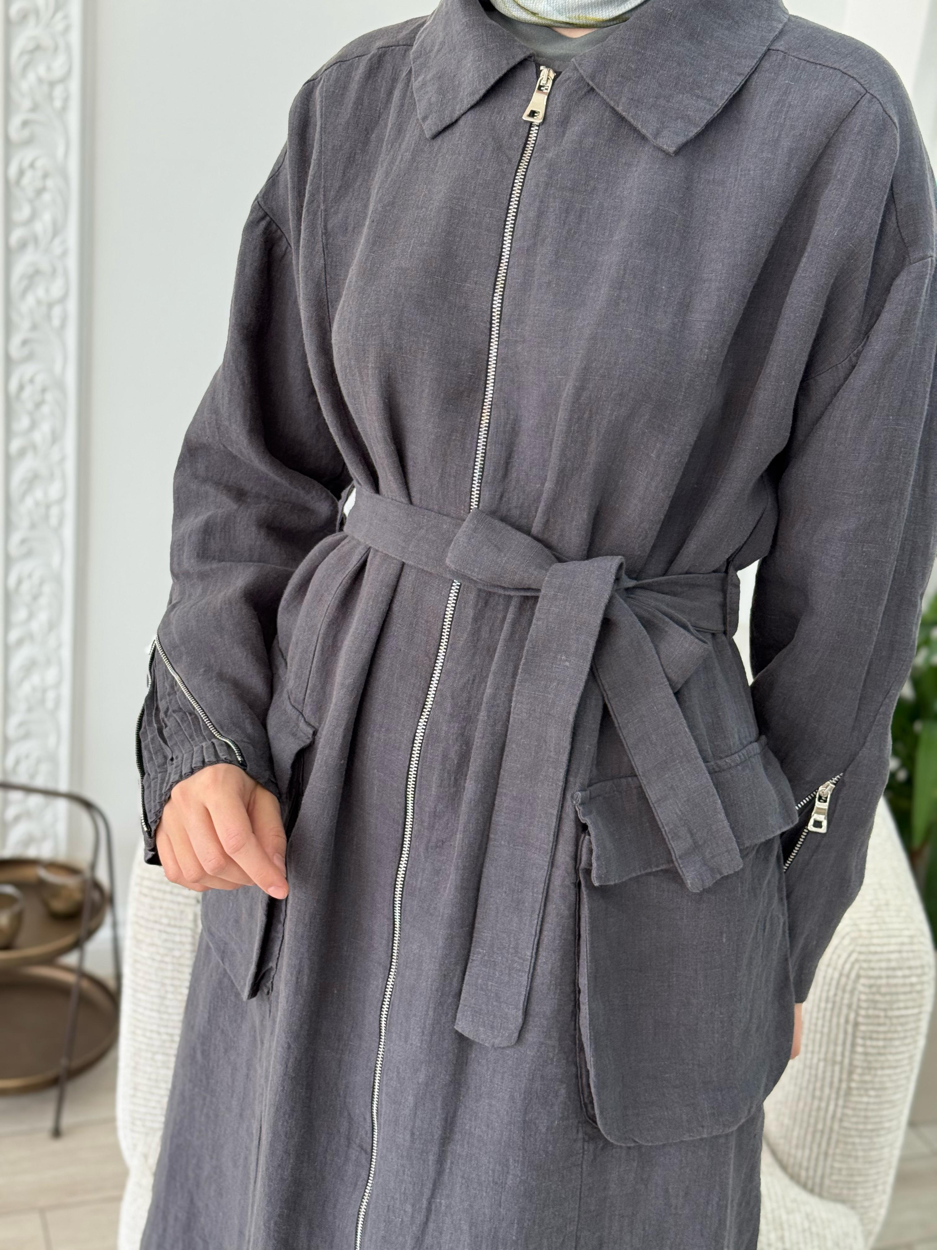 MİSSWHENCE 37509 Keten Fermuar Detaylı Pardesü