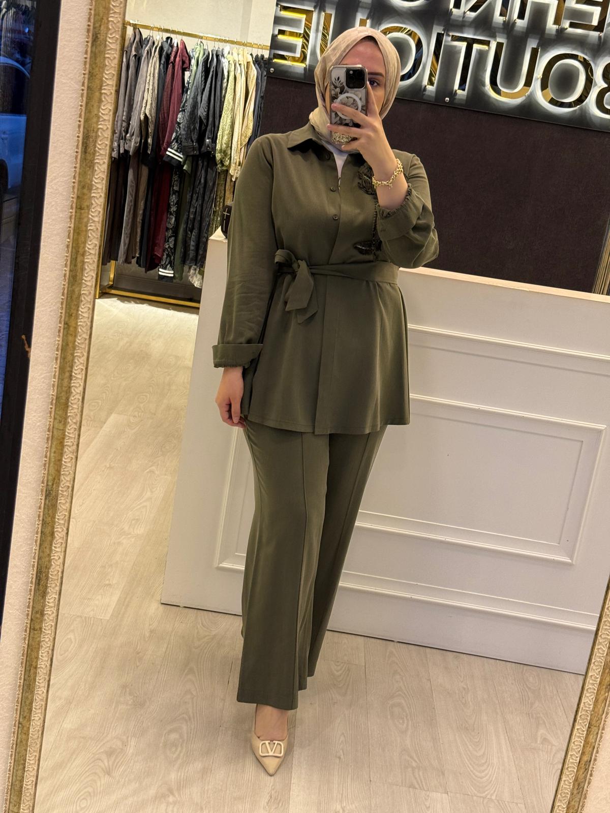 NUSS Göğüs İşleme Detaylı Rahat Gömlek Pantolon Takım