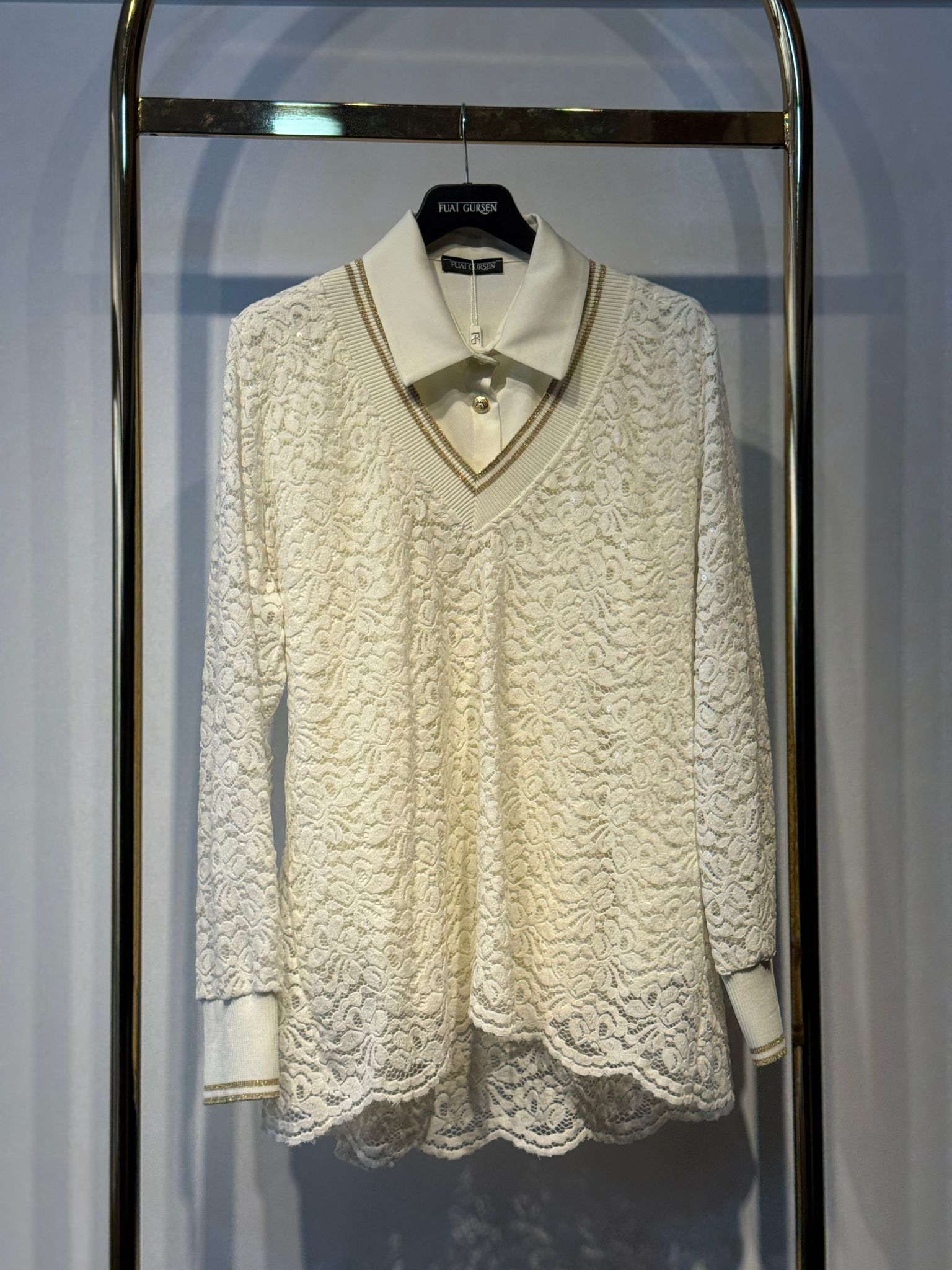 FUAT GÜRSEN Payet İşlemeli Dantel Örme V Yaka Tunik - Gömlek