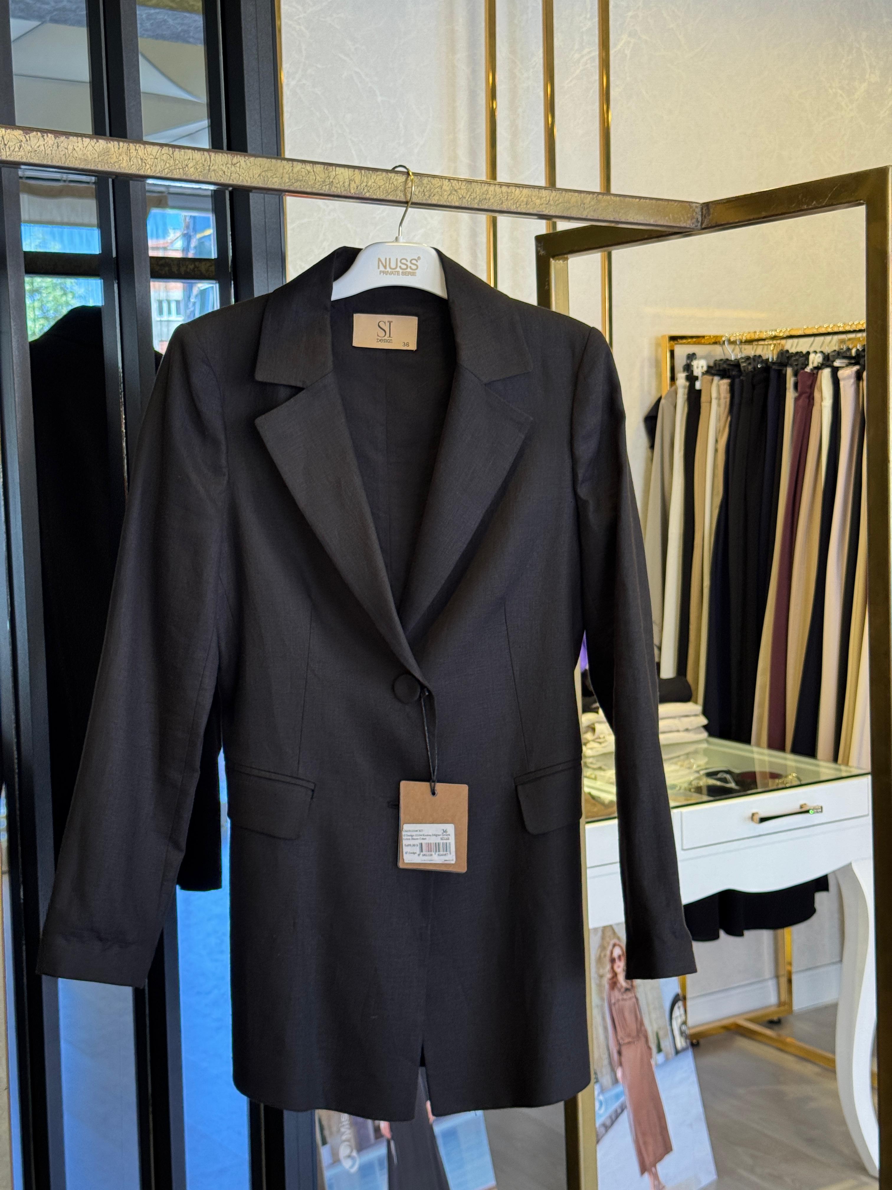 Sİ Design 11104 Kumaş Düğme Detaylı Keten Blazer Ceket