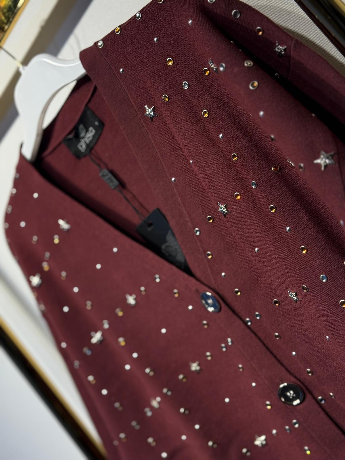 GHİSA Zımba Pırlanta ve Yıldız İşleme Detaylı Ayna Düğmeli V Yaka Merserize Hırka