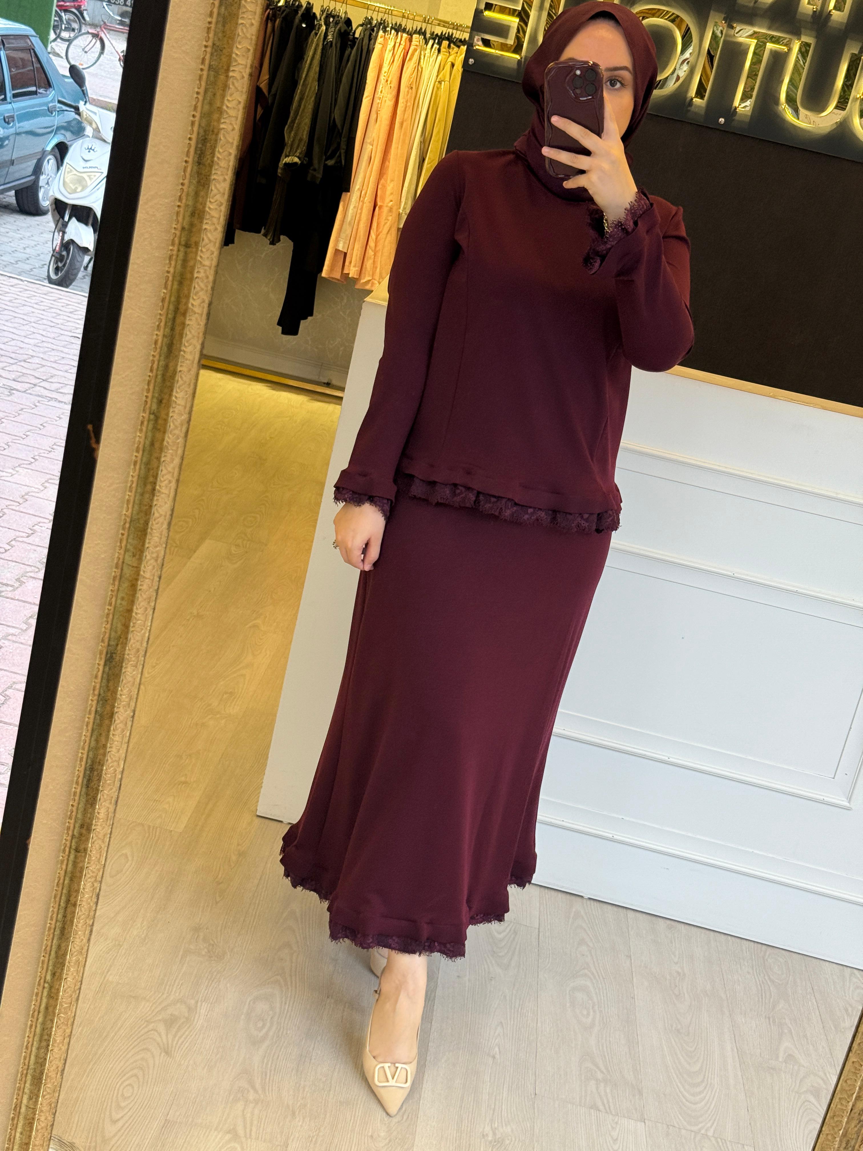 MİSSWHENCE 38004 Bilek Etek Ucu ve Tunik Ucu Dantel Güpür Detaylı Etekli Takım