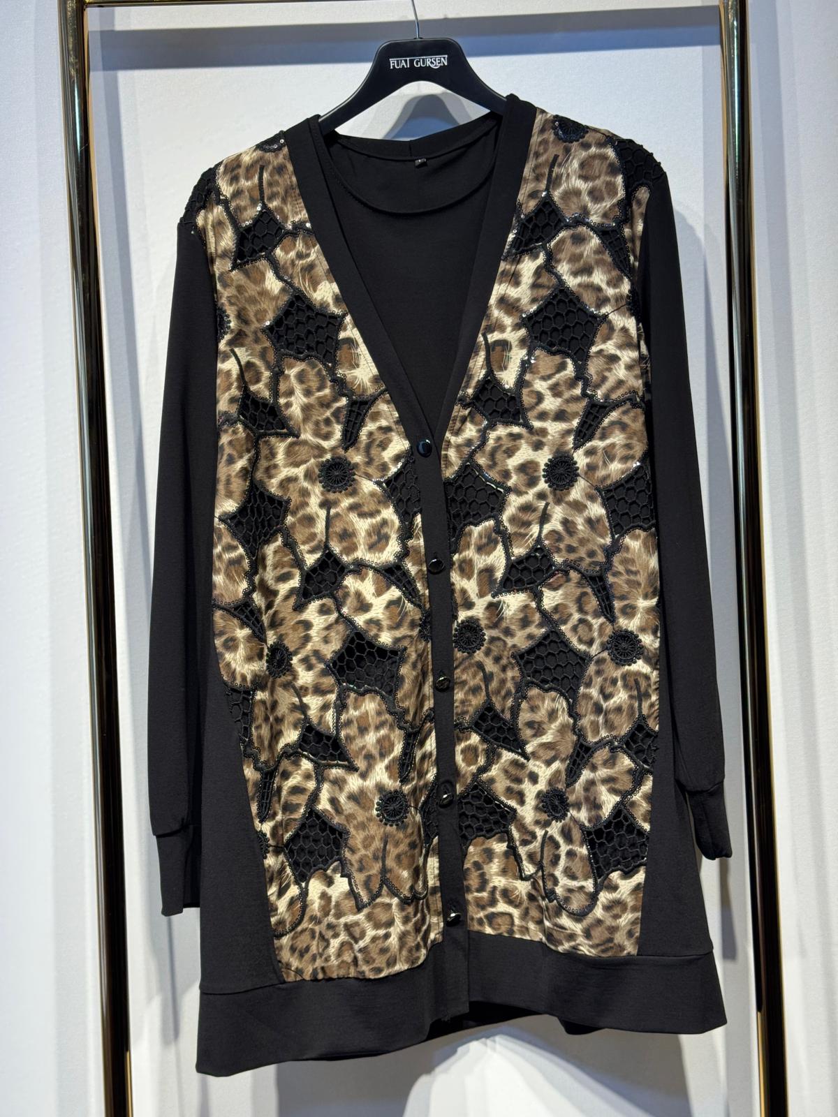 FUAT GÜRSEN Nakış İşlemeli Leopar Desen Hırka İçlik Takım
