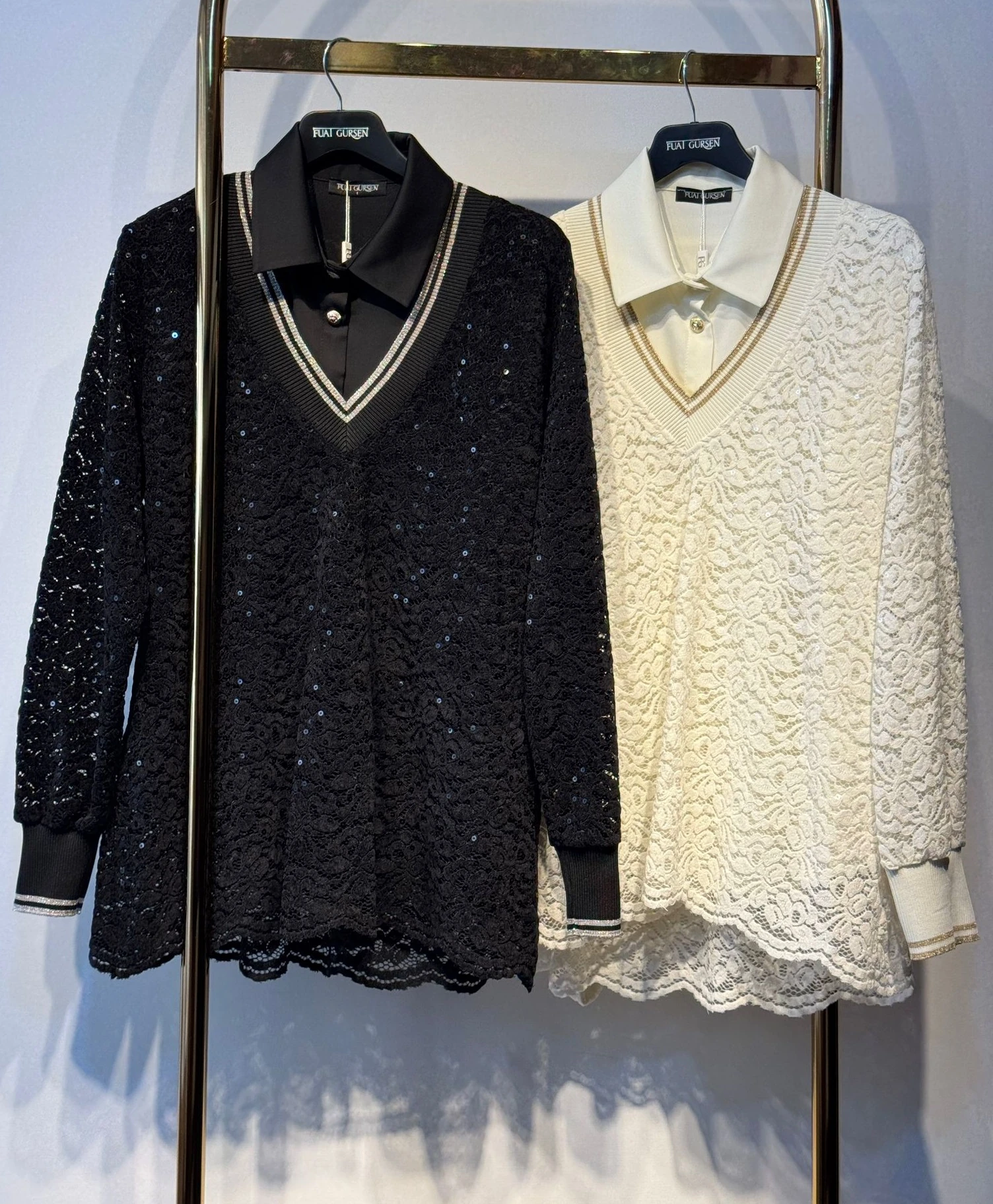FUAT GÜRSEN Payet İşlemeli Dantel Örme V Yaka Tunik - Gömlek