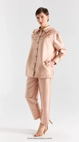 LİSA EXCLUSİVE Kumaş Çiçek İşlemeli Gömlek Pantolon Takım