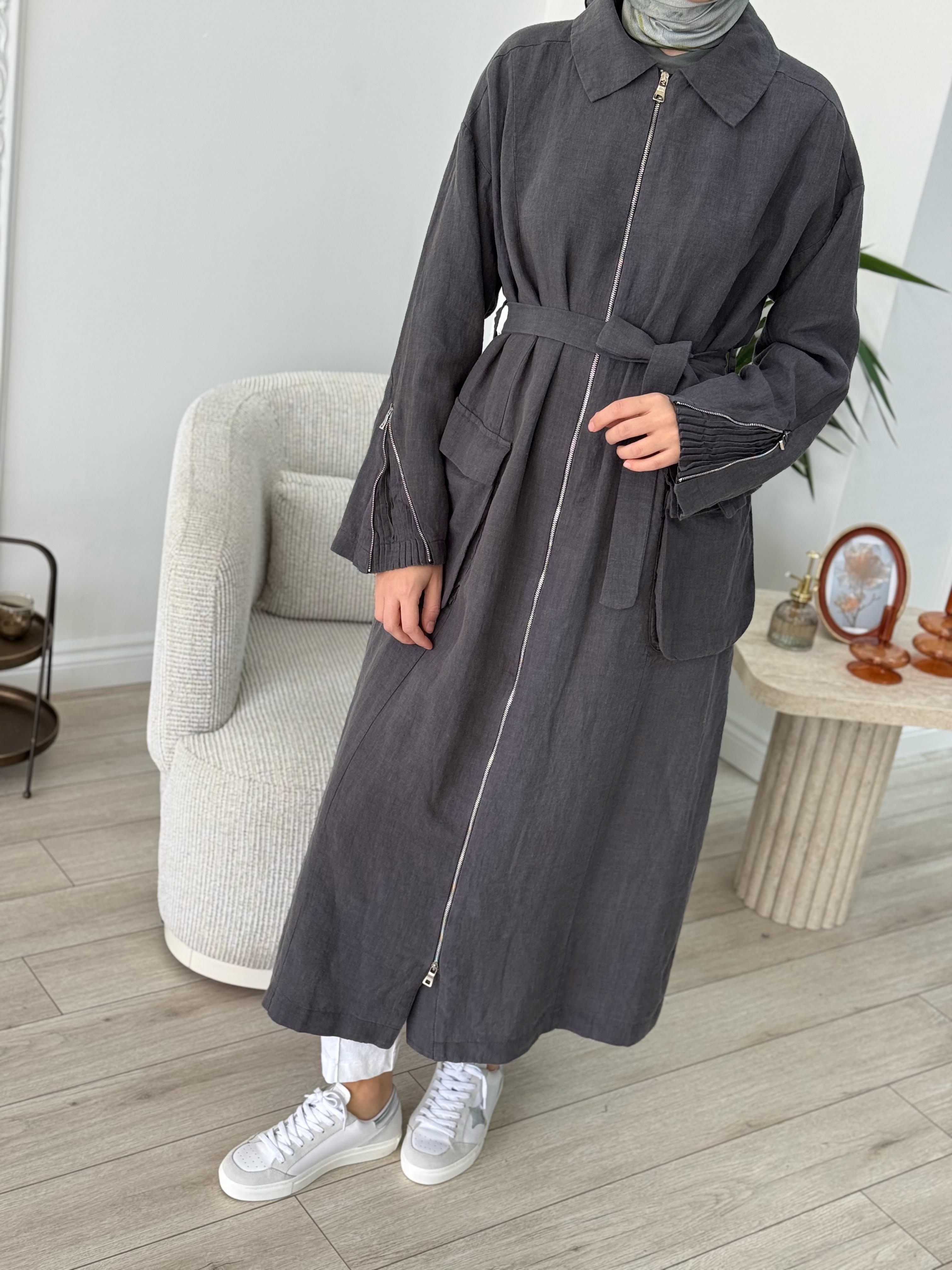 MİSSWHENCE 37509 Keten Fermuar Detaylı Pardesü