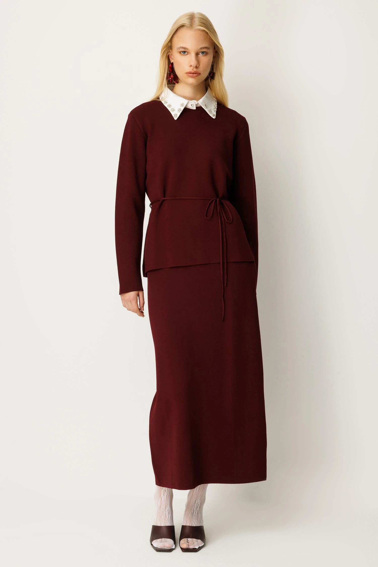 GHİSA Yaka Taş Detaylı Merserize Tunik Etek Takım