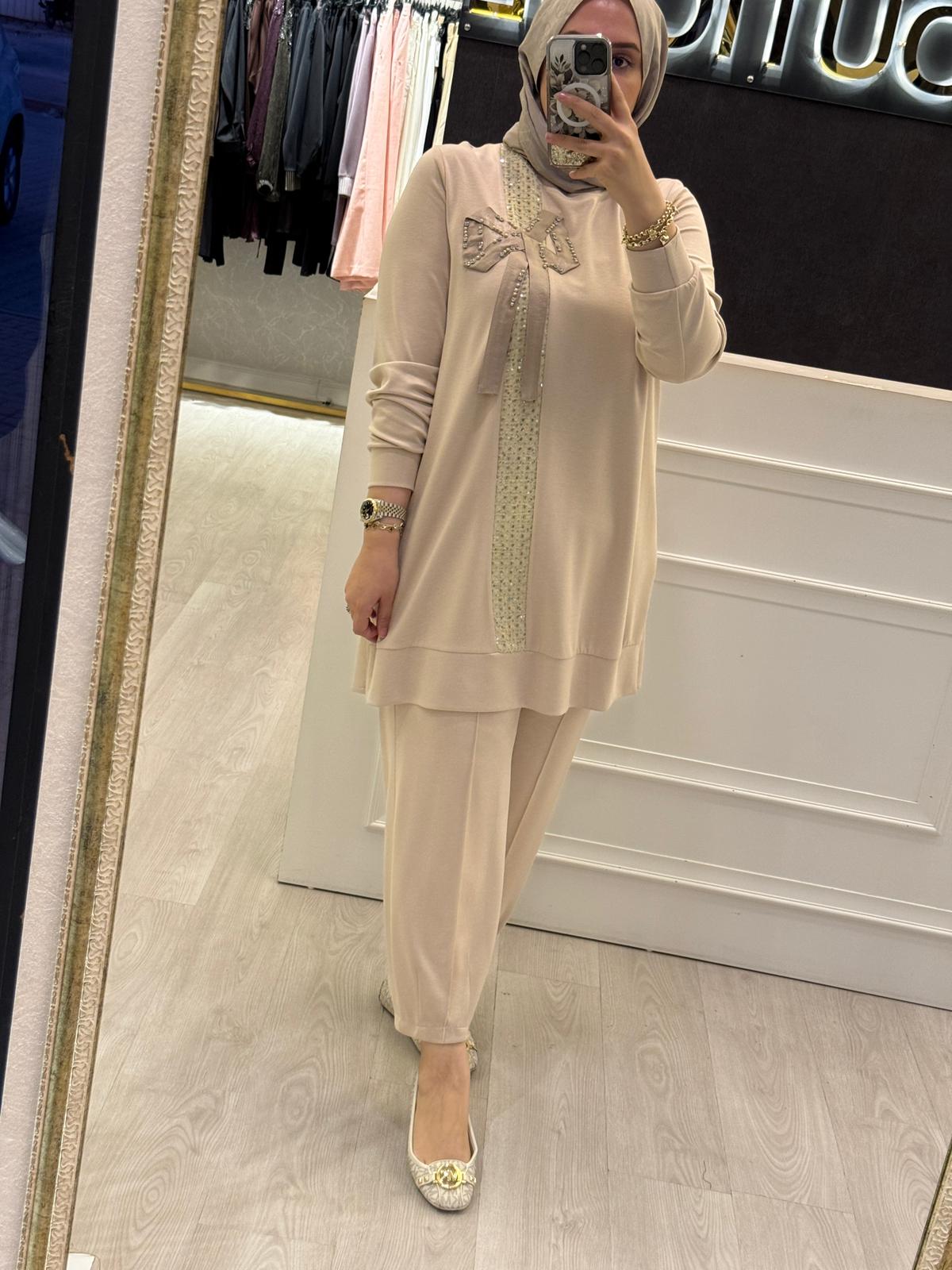 FUAT GÜRSEN Papyon İşlemeli Tunik Pantolon Takım
