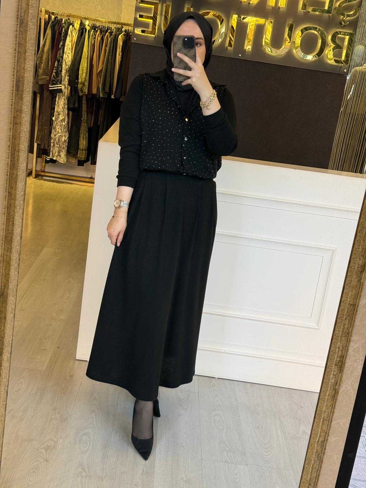 FUAT GÜRSEN Triko Birleşik İçlikli Pırlanta İşlemeli Gömlek Astarlı Etek Takım