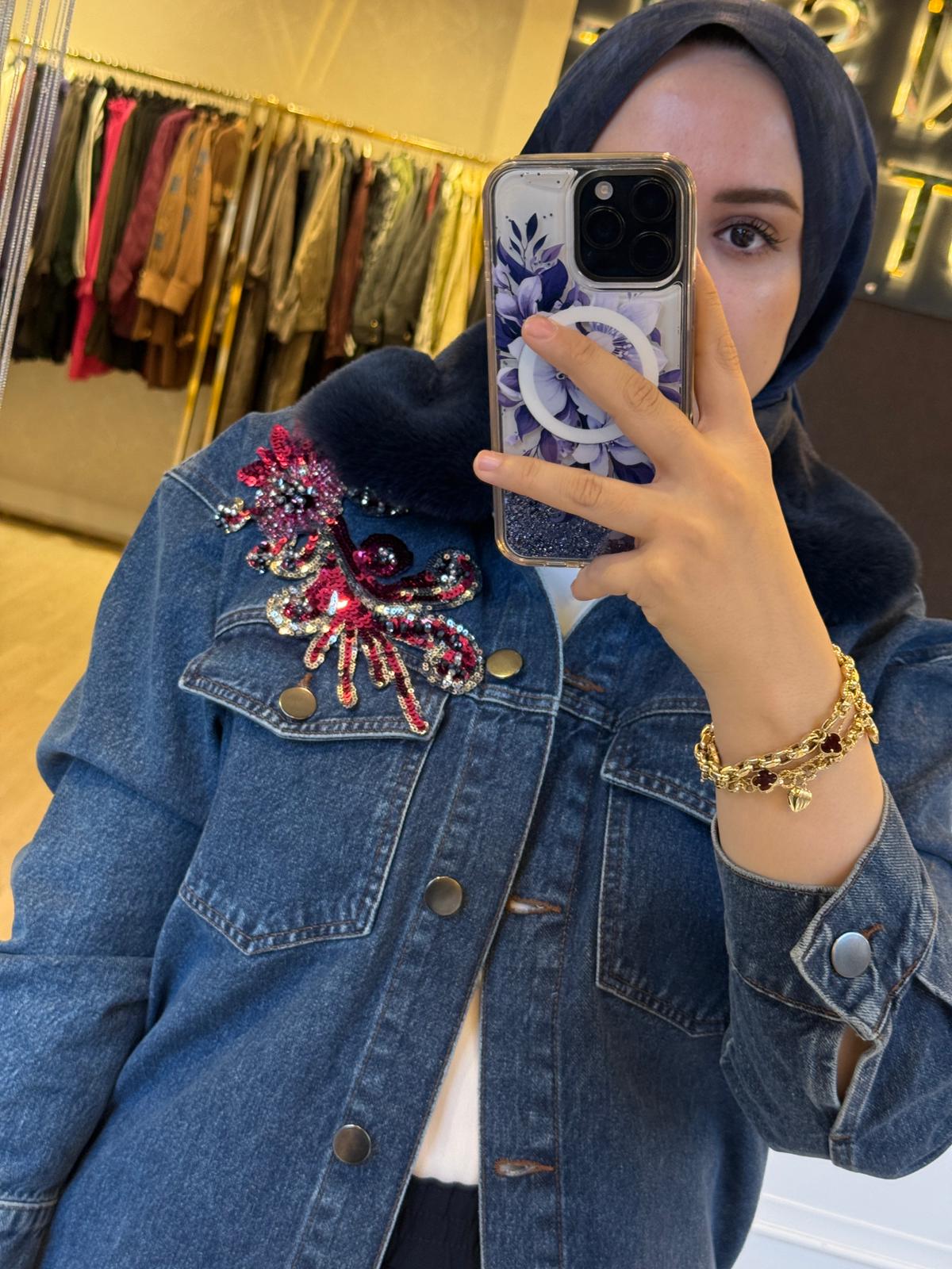 MİSSEMRAMİSS Kürk İşlemeli Boncuk Detaylı Denim Kot Ceket